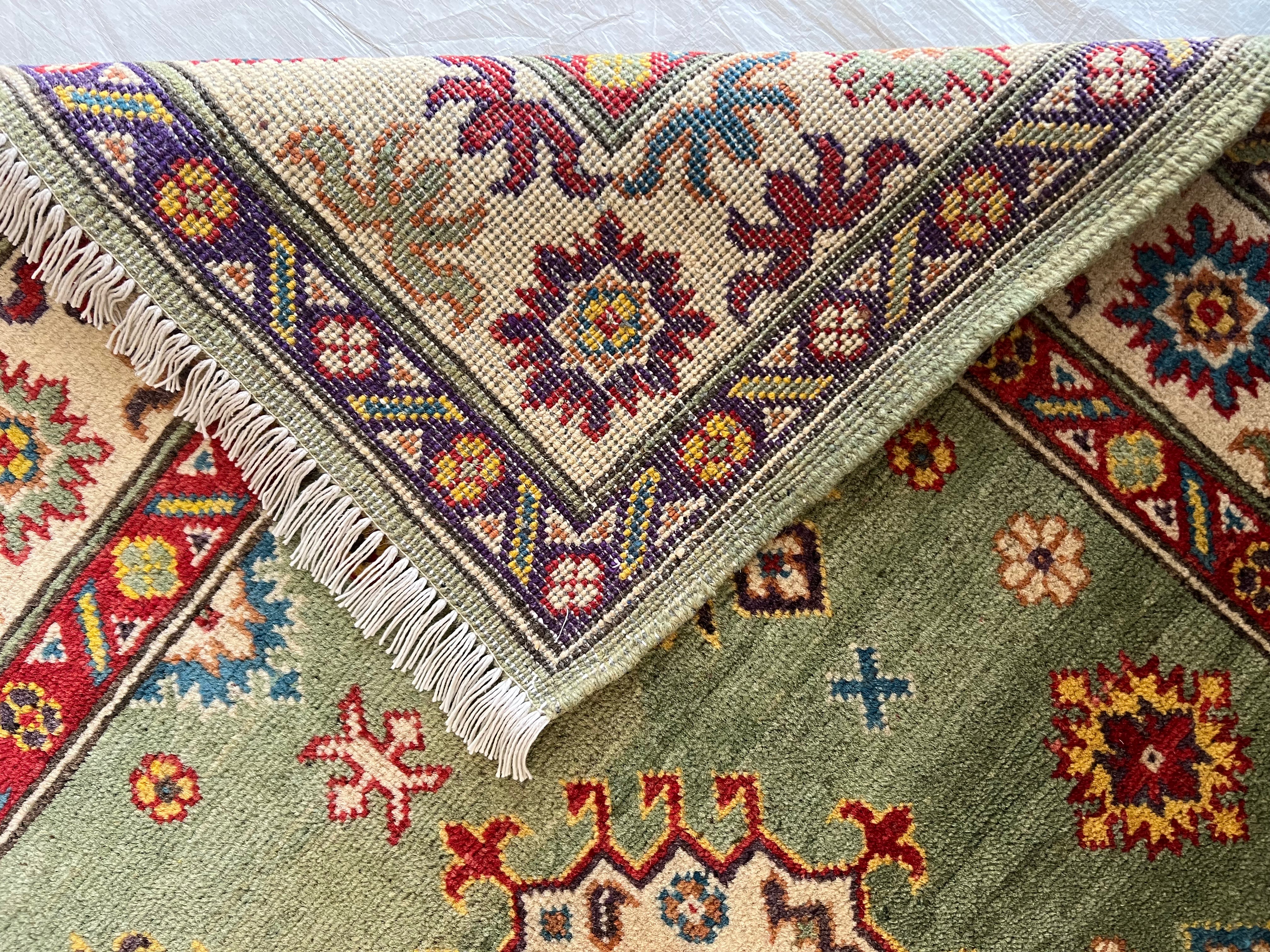 Kazak Rug 3x5 | Olive Green, Ivory & Red | Hand-Knotted Wool