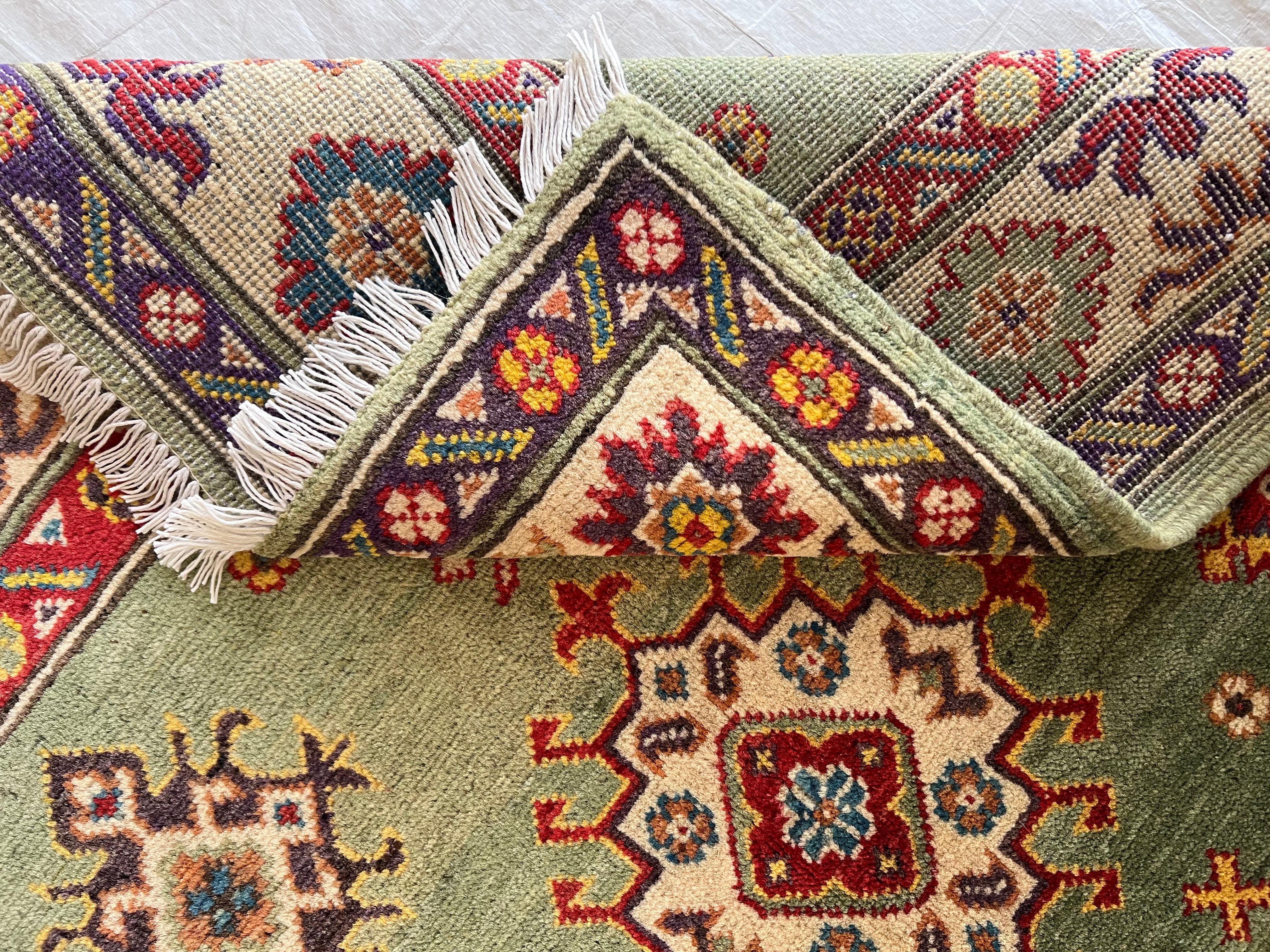 Kazak Rug 3x5 | Olive Green, Ivory & Red | Hand-Knotted Wool