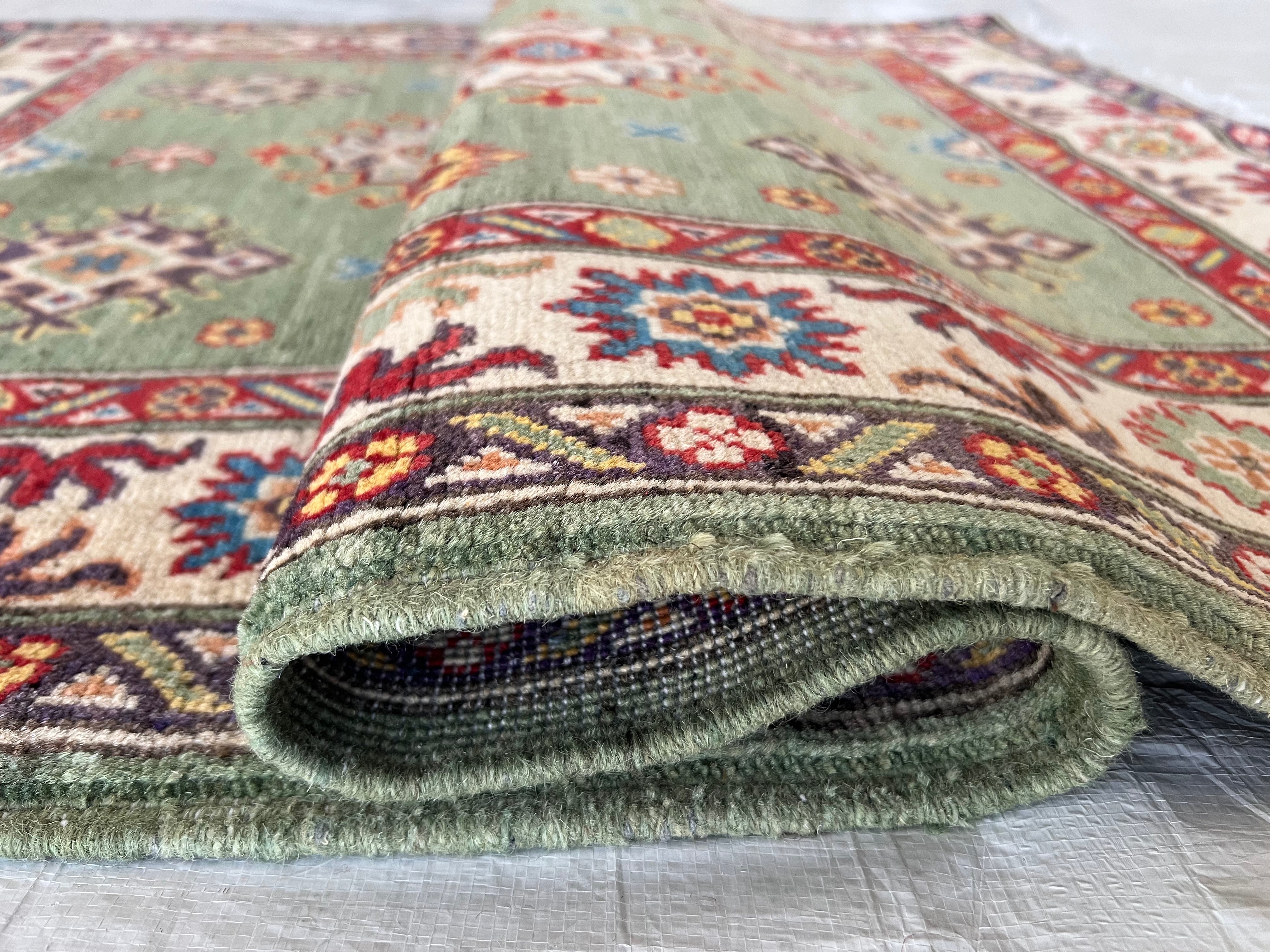 Kazak Rug 3x5 | Olive Green, Ivory & Red | Hand-Knotted Wool