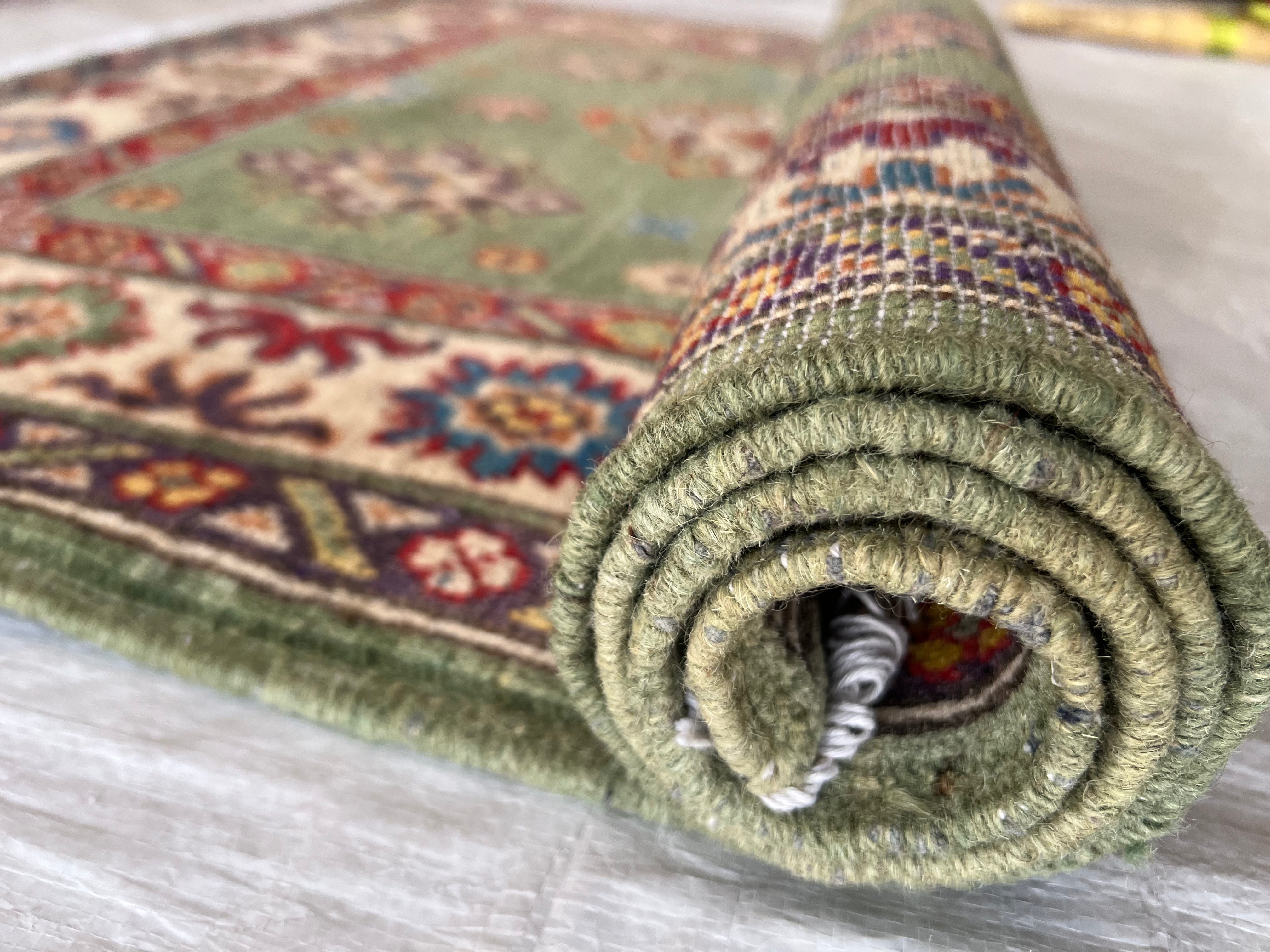 Kazak Rug 3x5 | Olive Green, Ivory & Red | Hand-Knotted Wool
