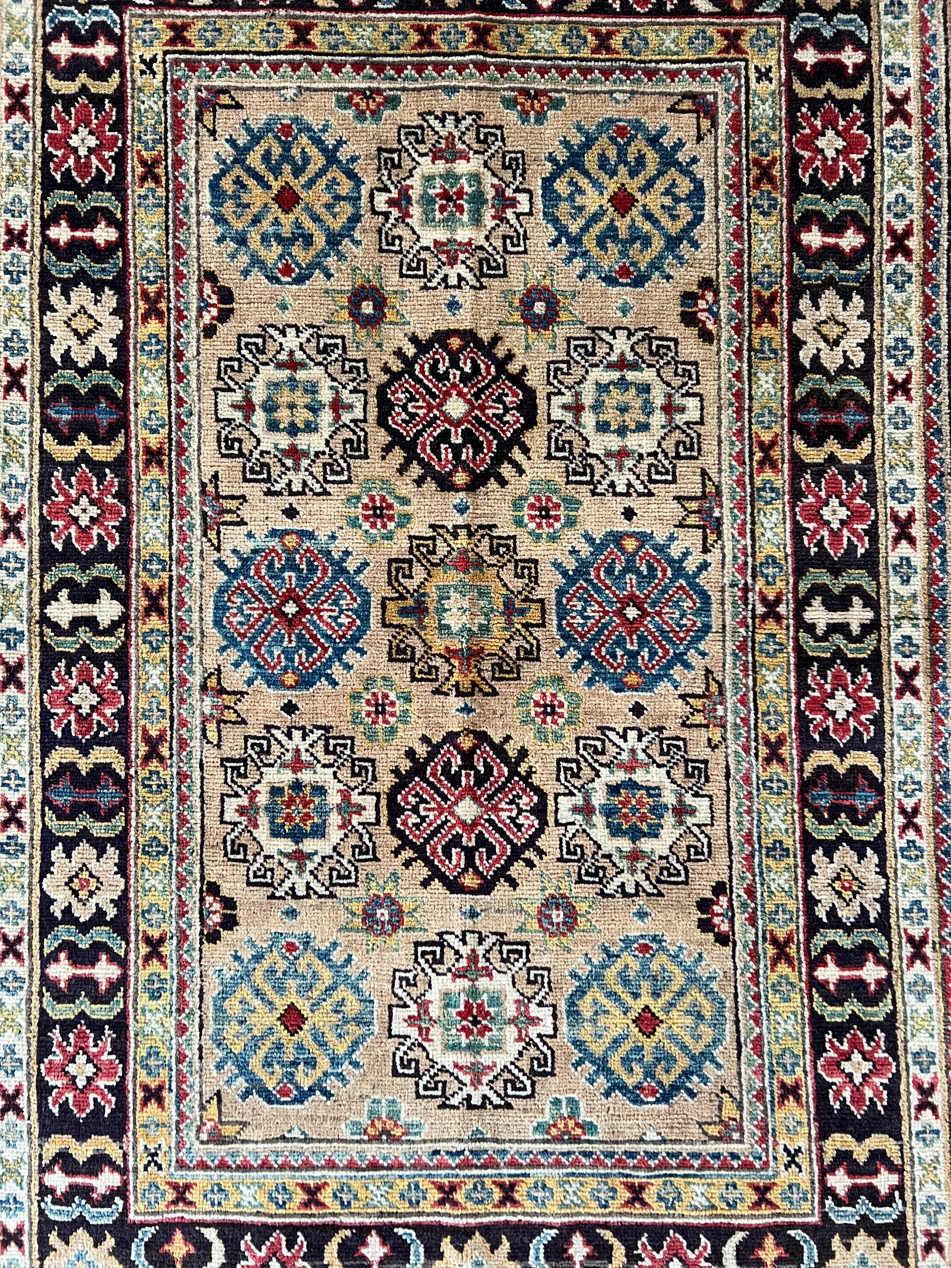 Kazak Rug 3x5 | Beige, Black & Burgundy | Hand-Knotted Wool