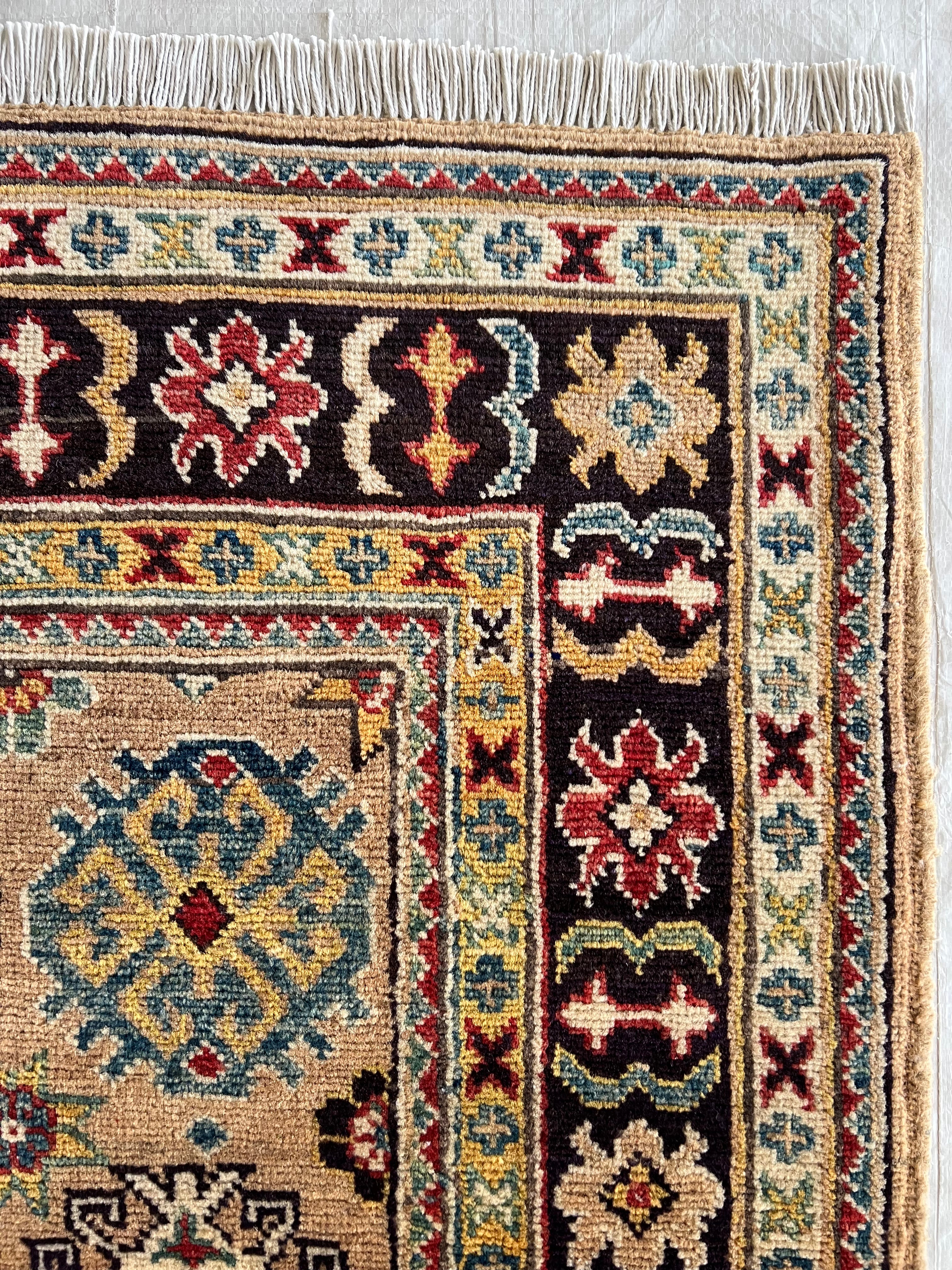 Kazak Rug 3x5 | Beige, Black & Burgundy | Hand-Knotted Wool
