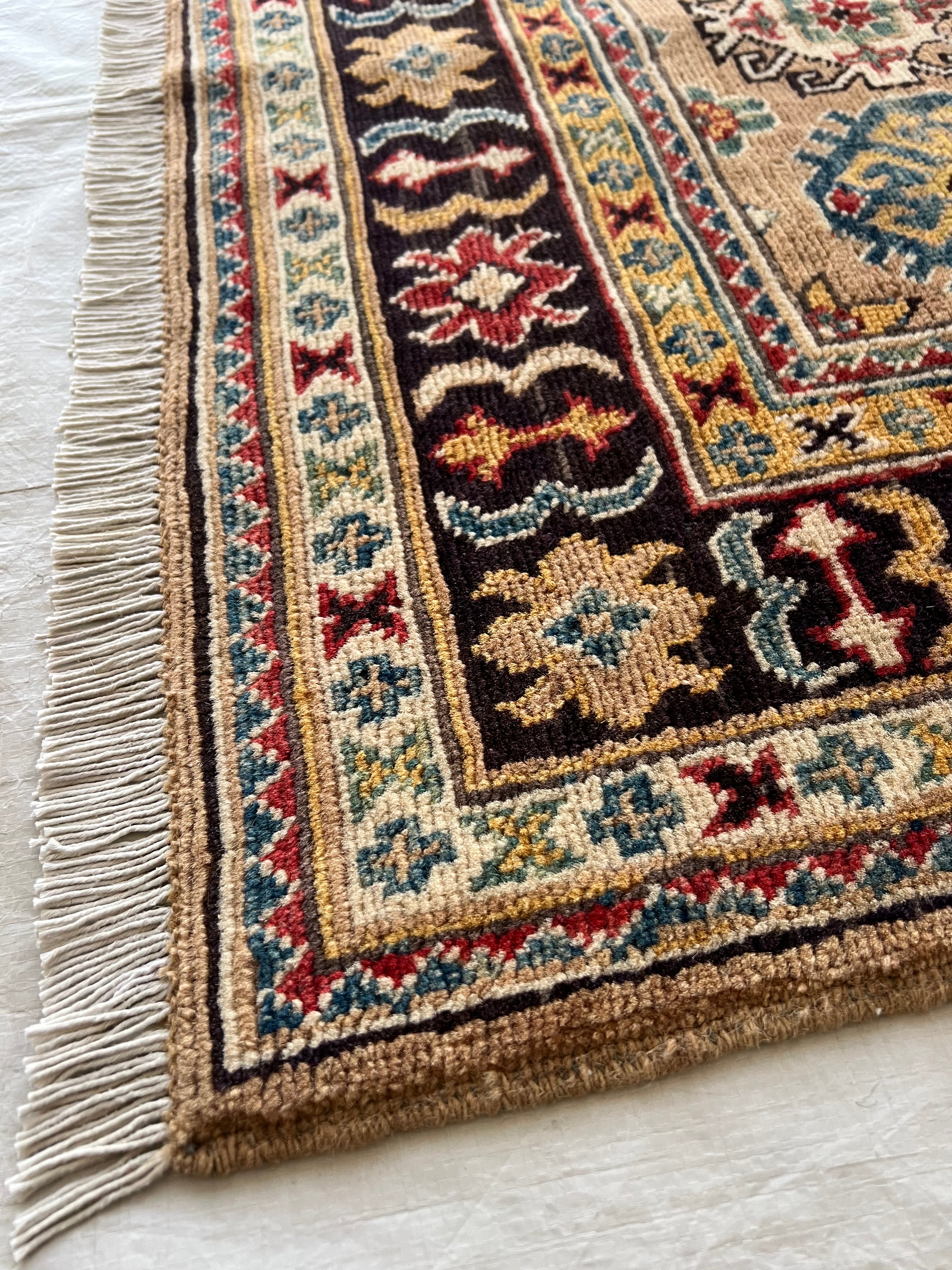 Kazak Rug 3x5 | Beige, Black & Burgundy | Hand-Knotted Wool