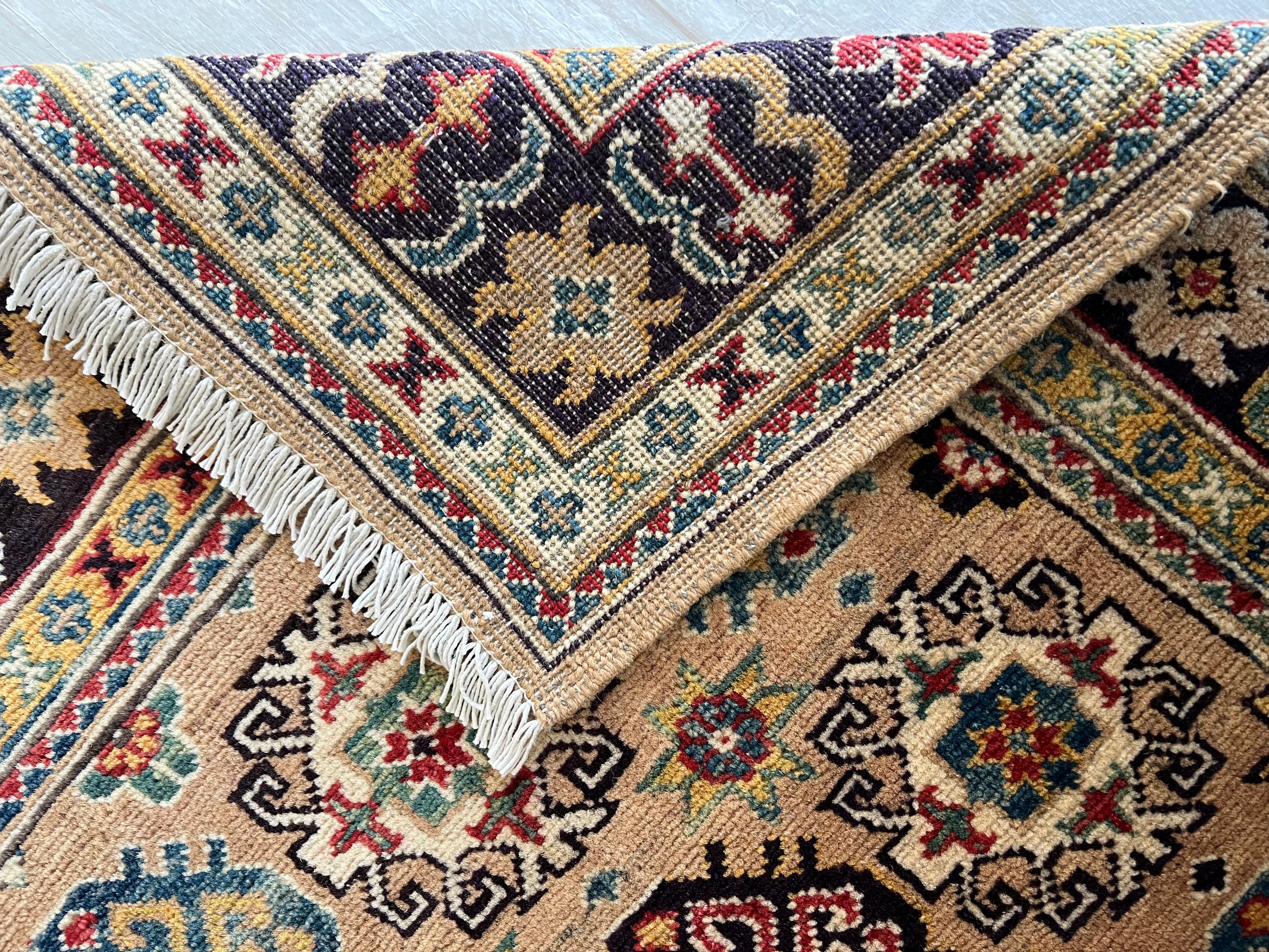 Kazak Rug 3x5 | Beige, Black & Burgundy | Hand-Knotted Wool