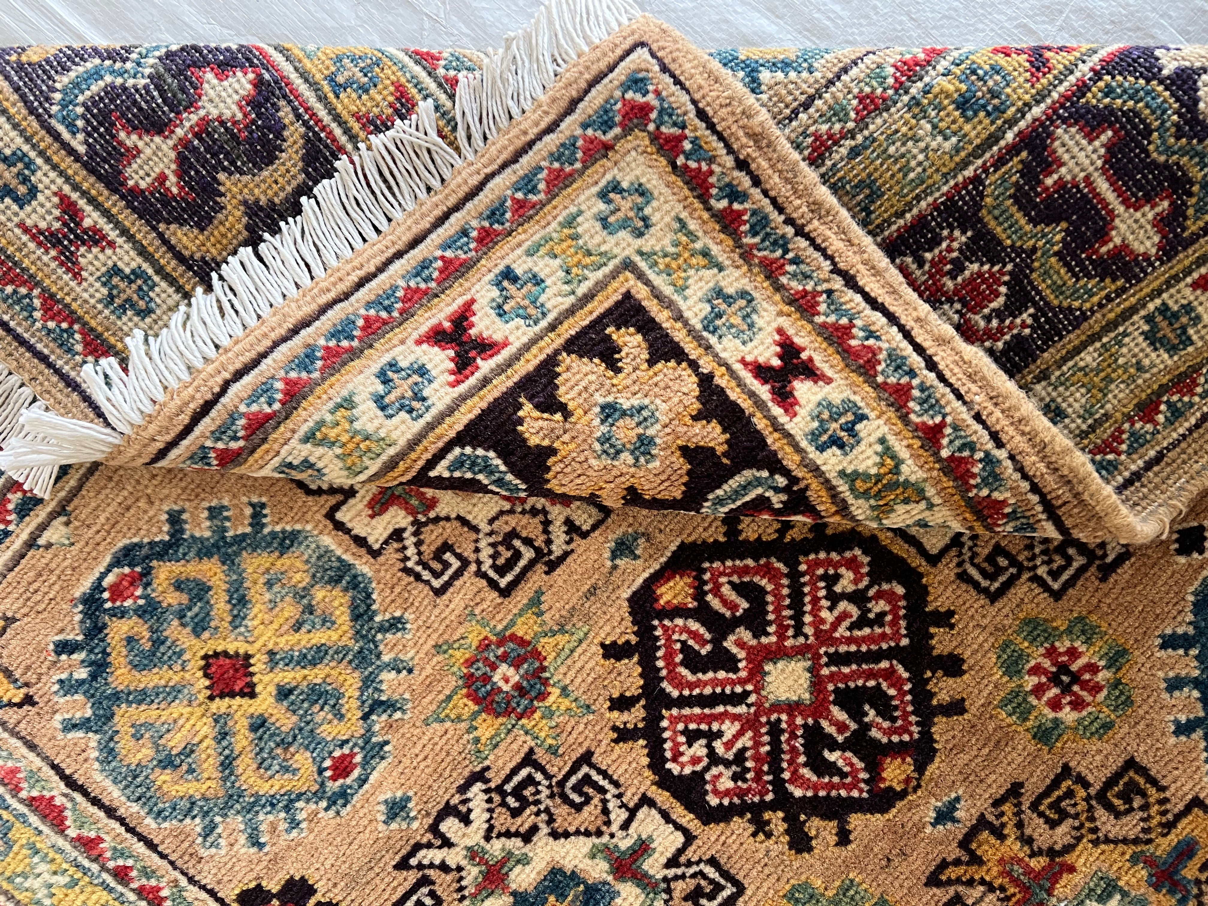Kazak Rug 3x5 | Beige, Black & Burgundy | Hand-Knotted Wool