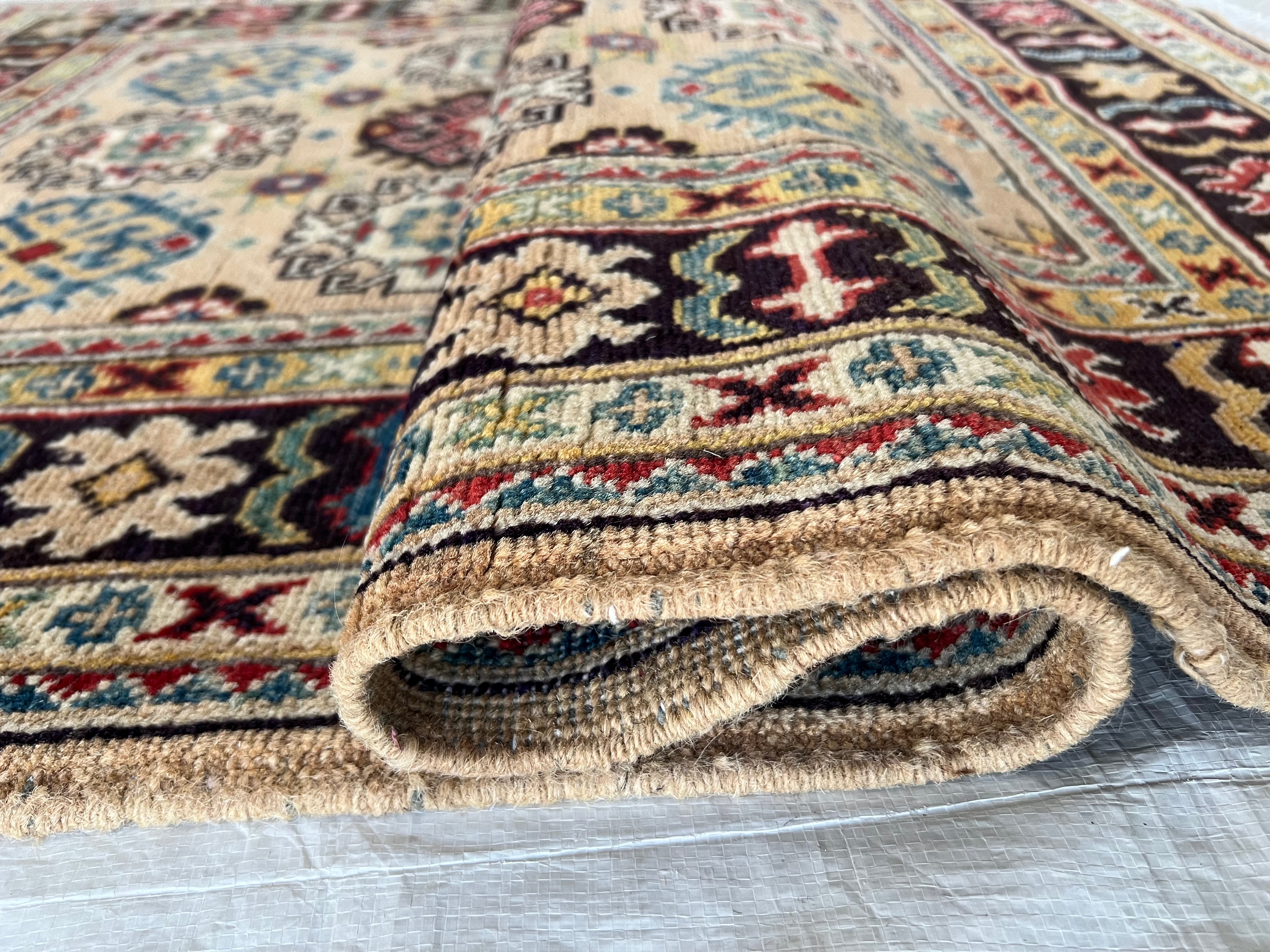 Kazak Rug 3x5 | Beige, Black & Burgundy | Hand-Knotted Wool