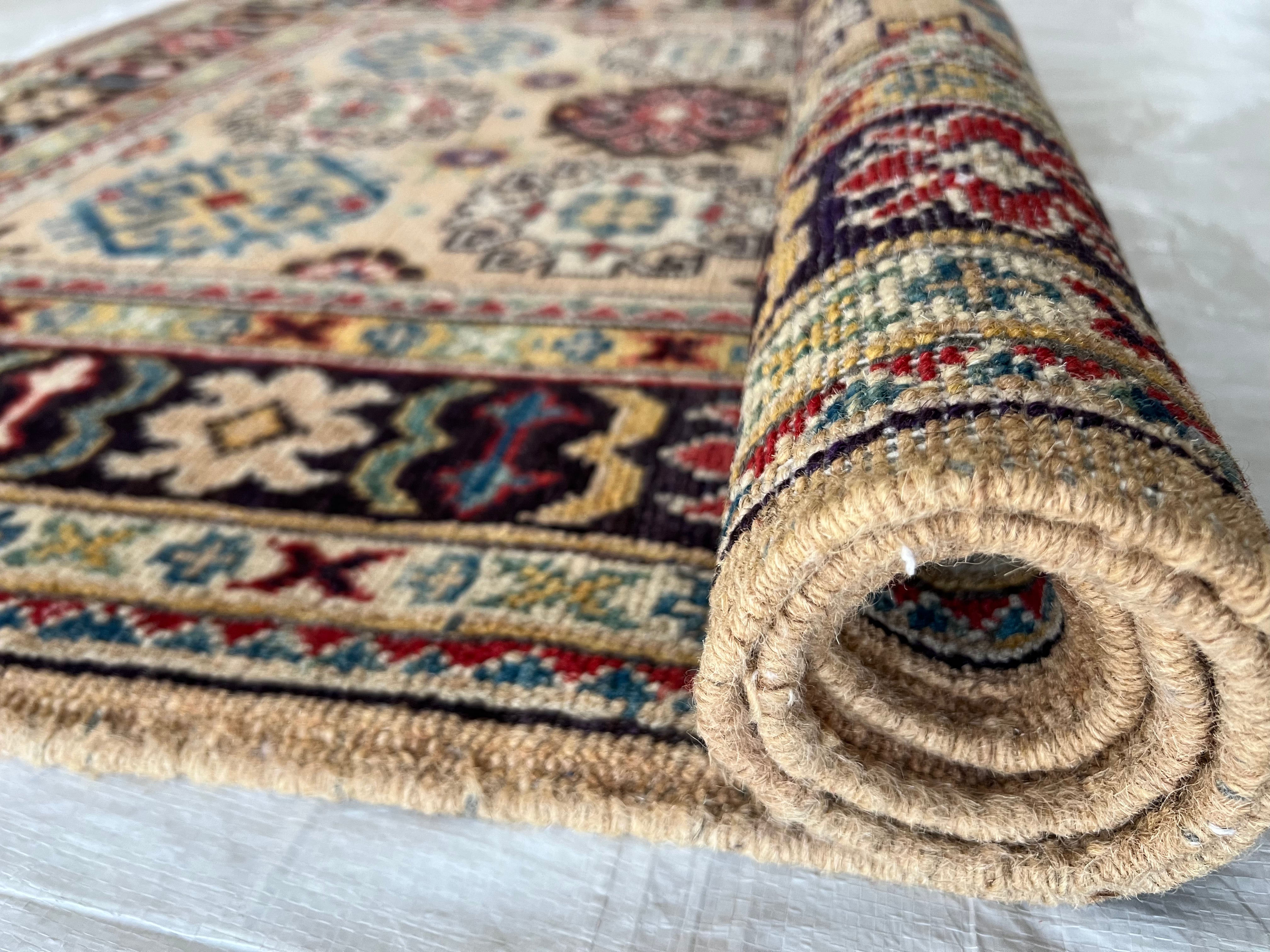 Kazak Rug 3x5 | Beige, Black & Burgundy | Hand-Knotted Wool
