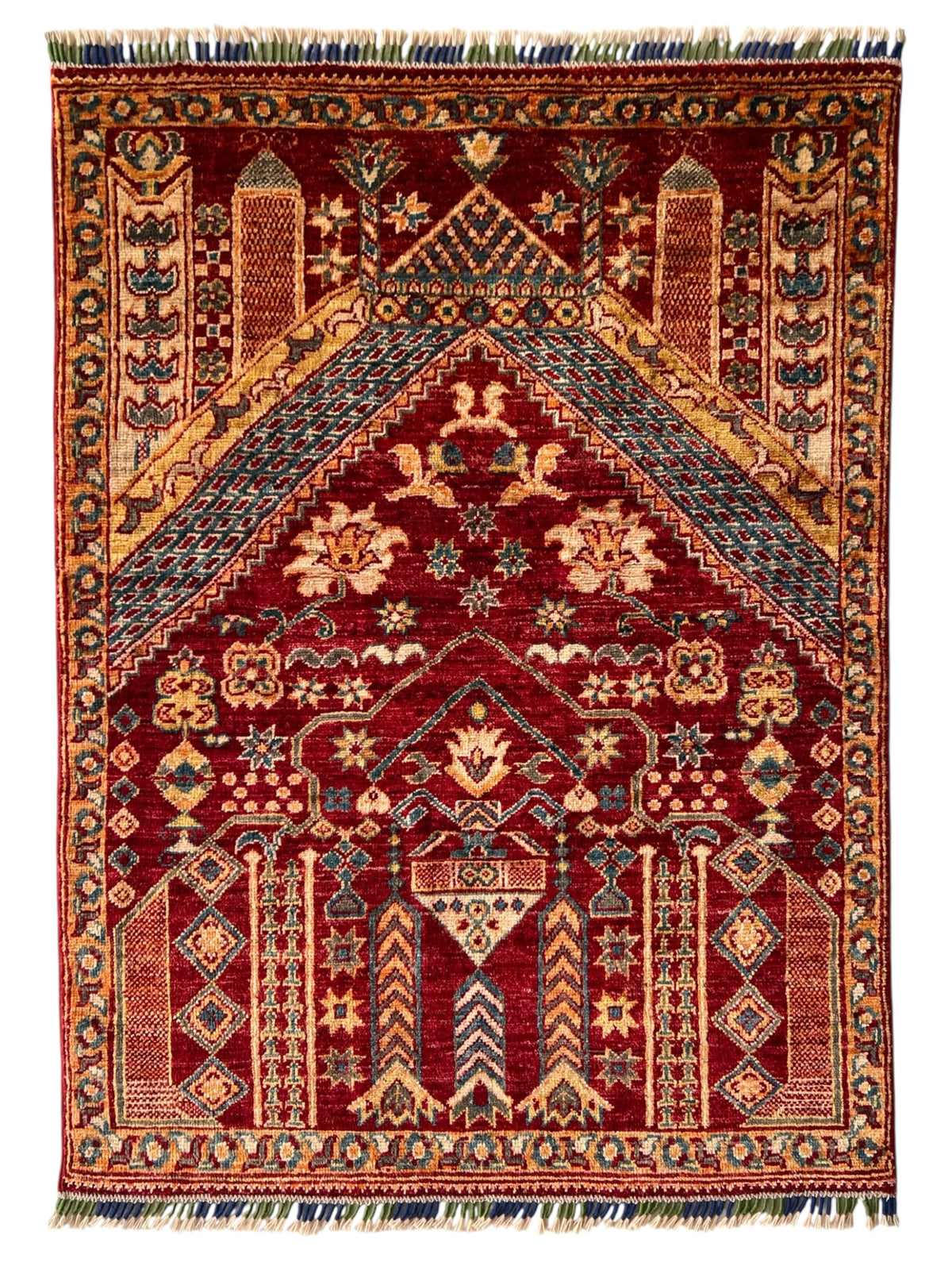 Prayer Rug 3x4 | Red, Gold & Blue | Hand-Knotted Wool