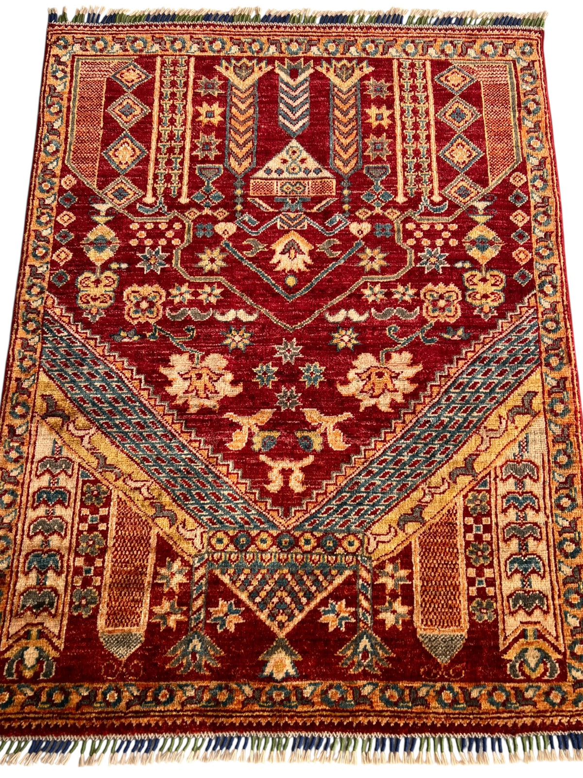 Prayer Rug 3x4 | Red, Gold & Blue | Hand-Knotted Wool