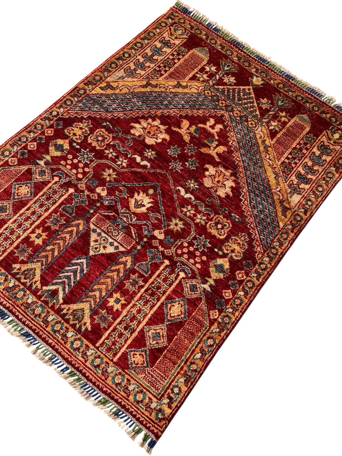 Prayer Rug 3x4 | Red, Gold & Blue | Hand-Knotted Wool
