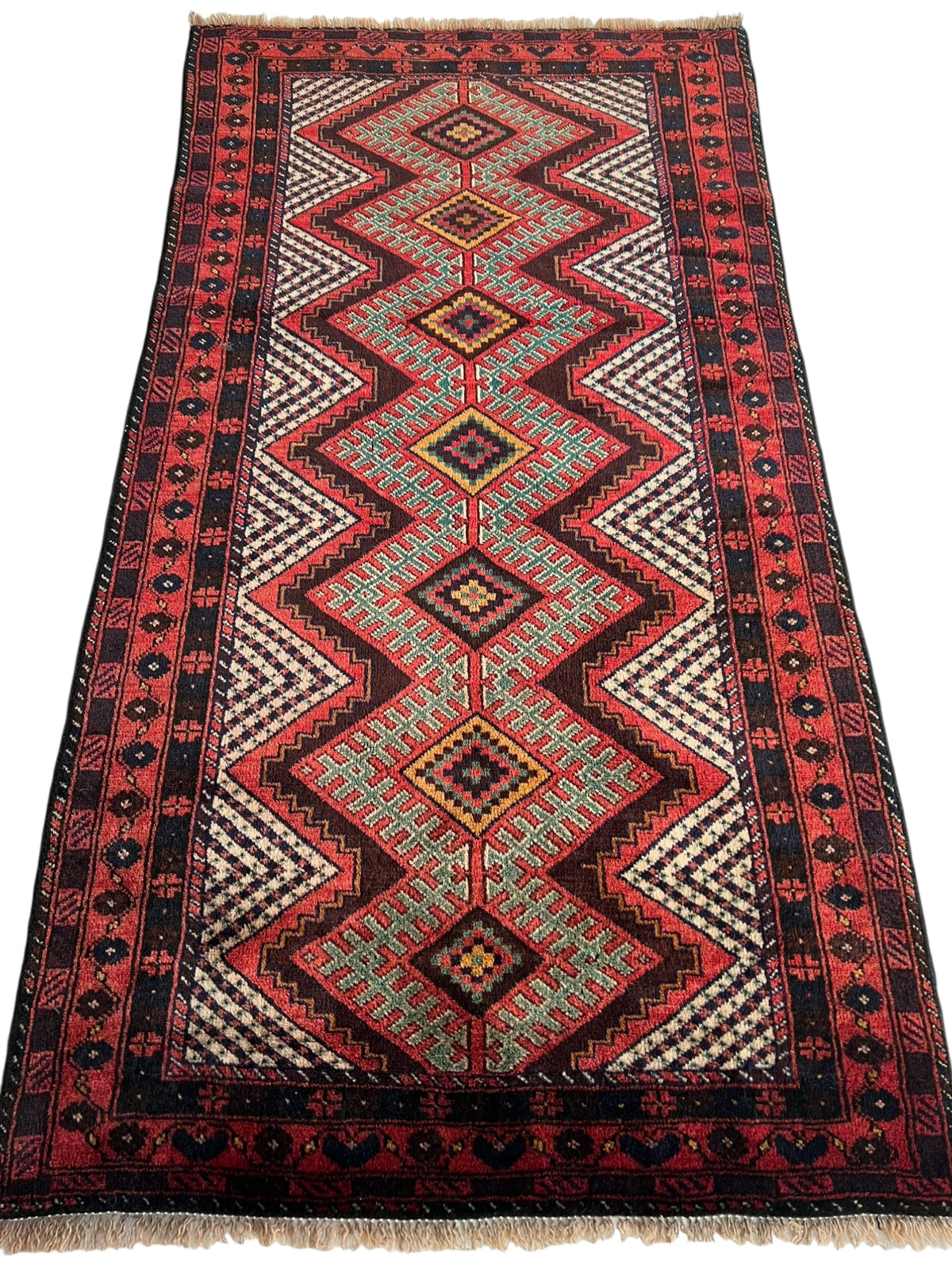 Oriental Rug 3x6 | Red, Navy & Ivory | Hand-Knotted Wool