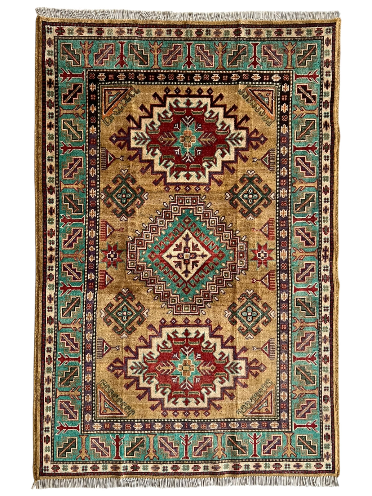 Kazak Rug 4x6 | Gold, Teal & Red | Hand-Knotted Wool