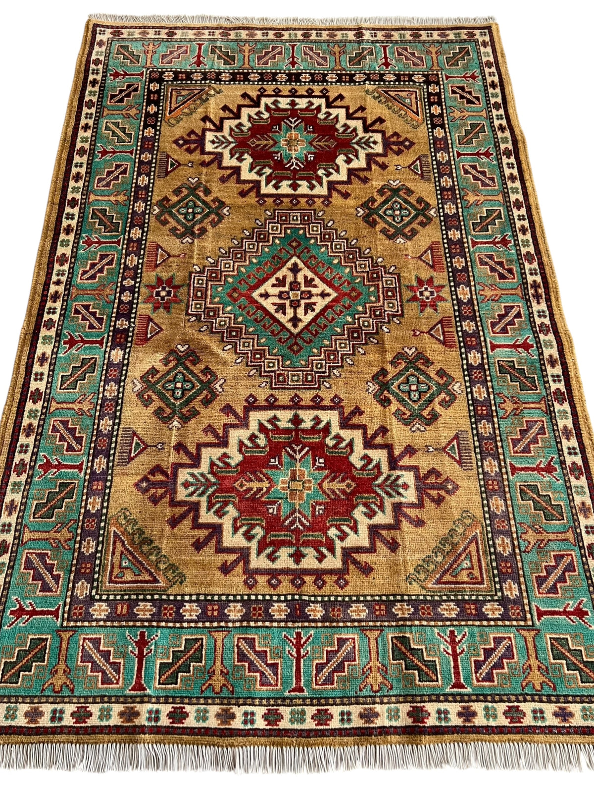 Kazak Rug 4x6 | Gold, Teal & Red | Hand-Knotted Wool