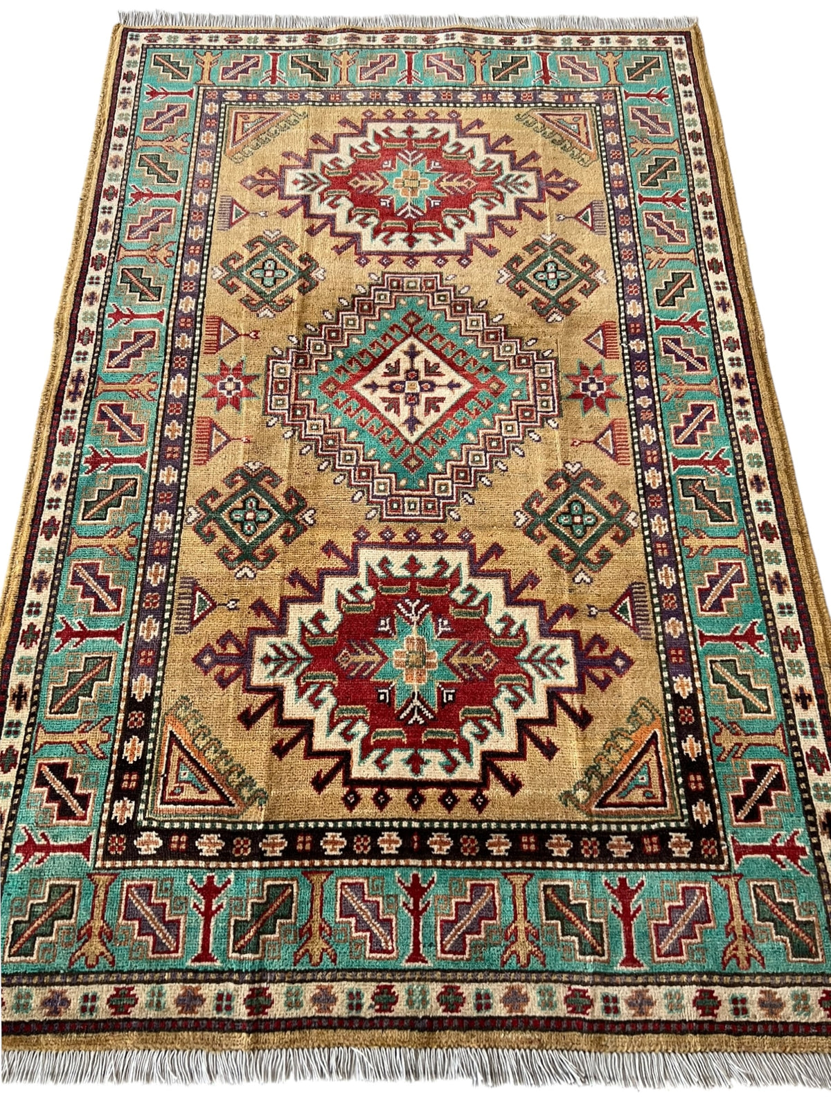Kazak Rug 4x6 | Gold, Teal & Red | Hand-Knotted Wool