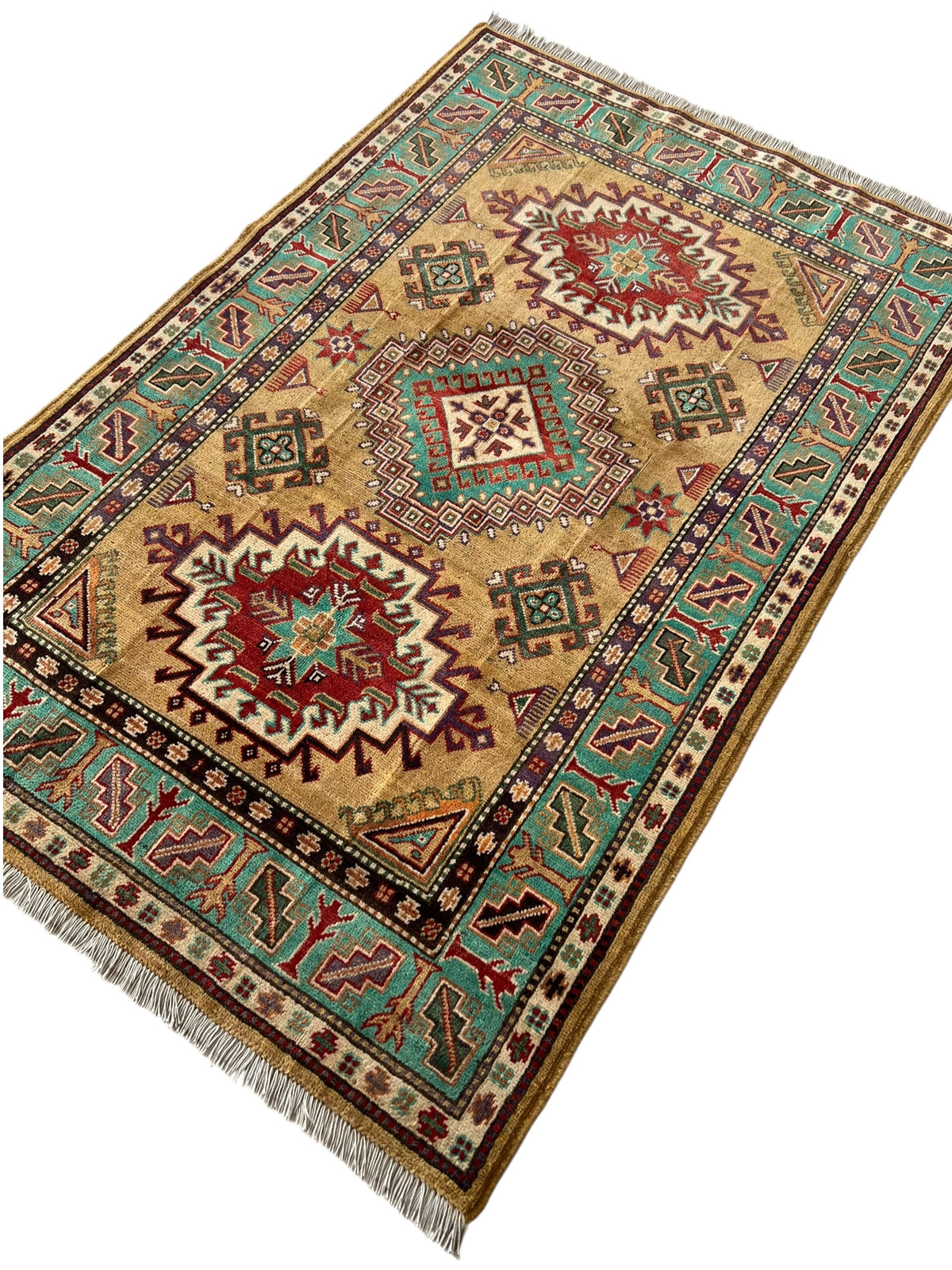 Kazak Rug 4x6 | Gold, Teal & Red | Hand-Knotted Wool