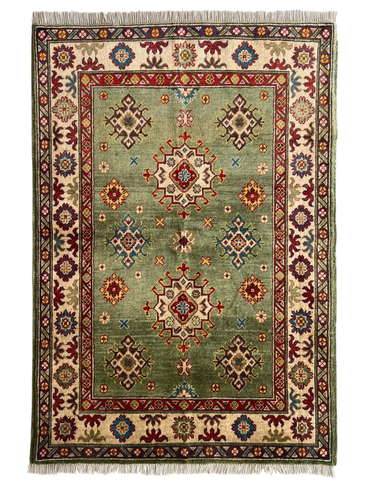 Decorative rug with intricate patterns on a plain background