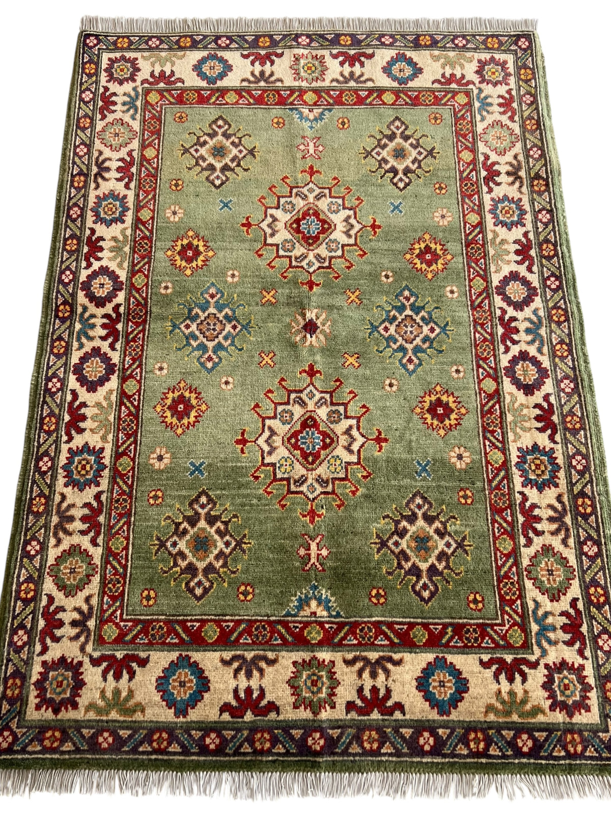 Kazak Rug 3x5 | Olive Green, Ivory & Red | Hand-Knotted Wool