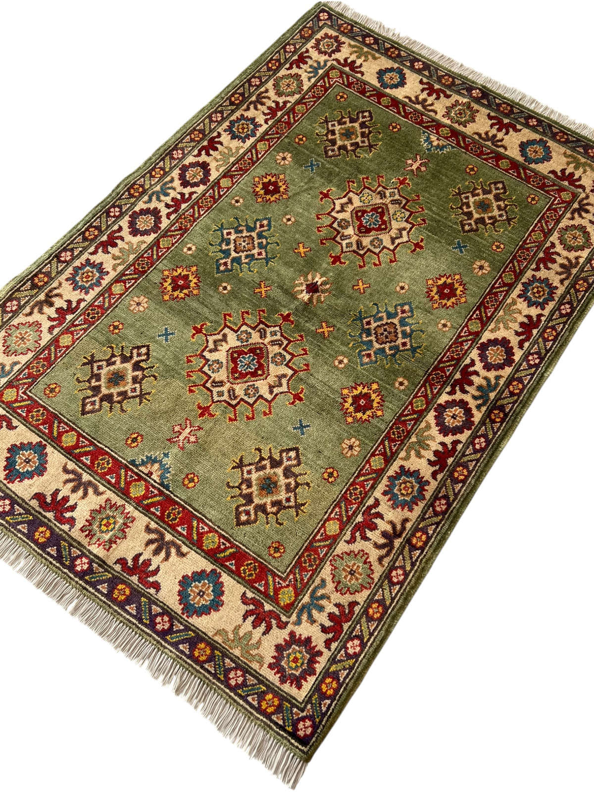 Kazak Rug 3x5 | Olive Green, Ivory & Red | Hand-Knotted Wool