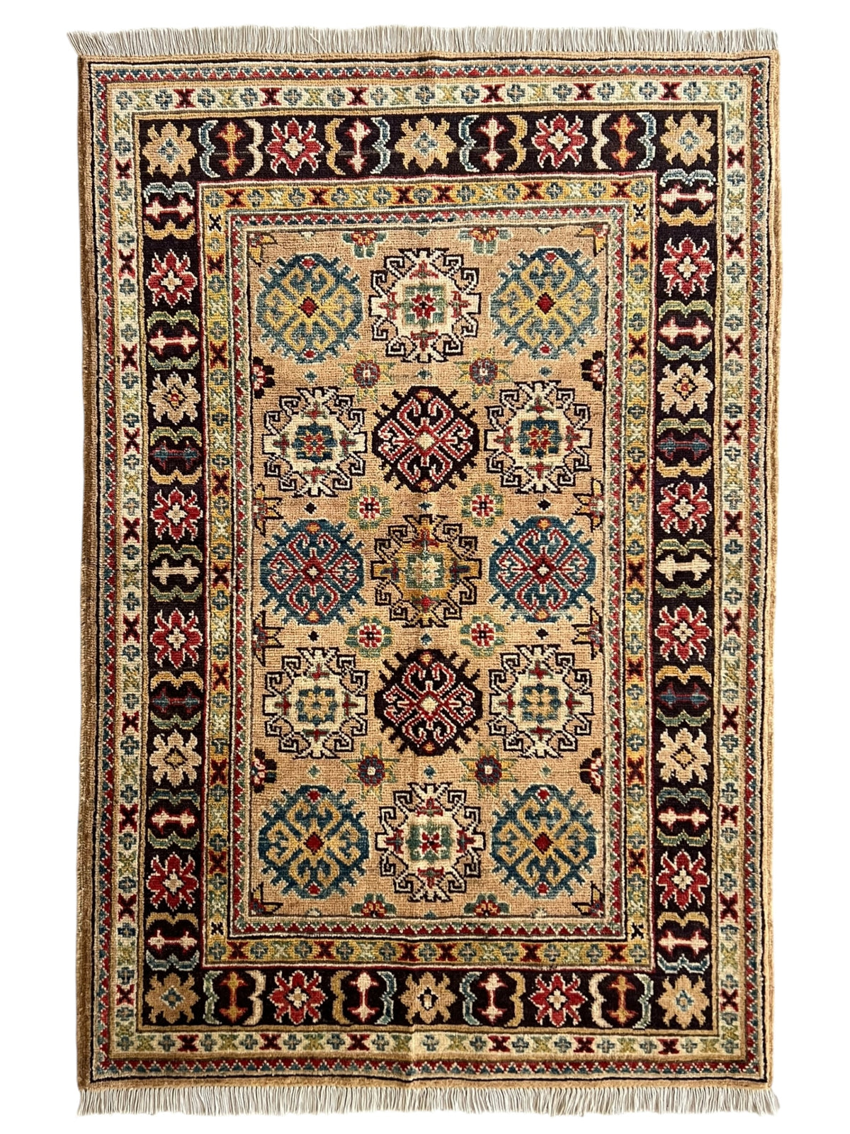 Kazak Rug 3x5 | Beige, Black & Burgundy | Hand-Knotted Wool