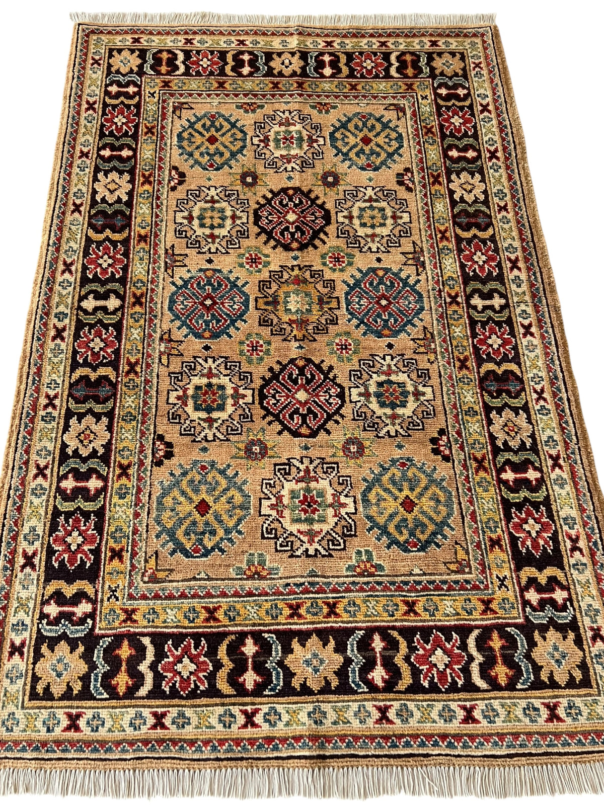 Kazak Rug 3x5 | Beige, Black & Burgundy | Hand-Knotted Wool