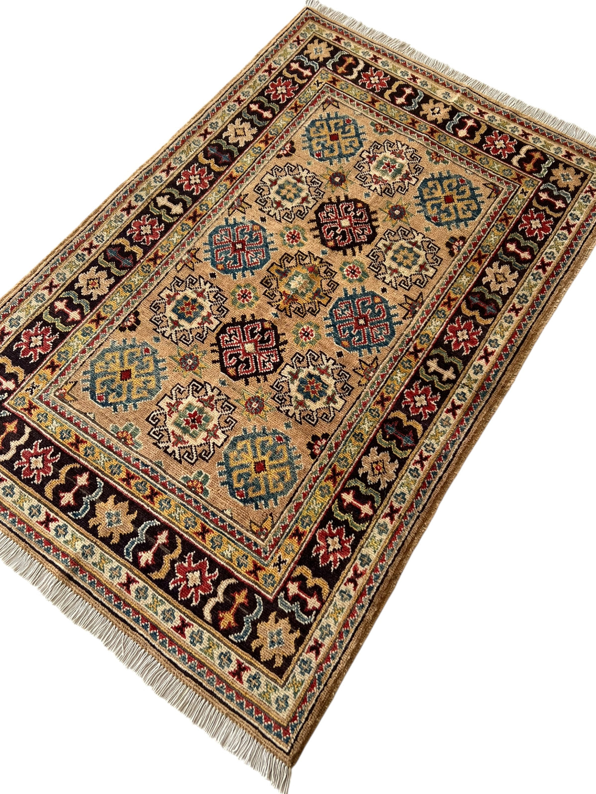 Kazak Rug 3x5 | Beige, Black & Burgundy | Hand-Knotted Wool