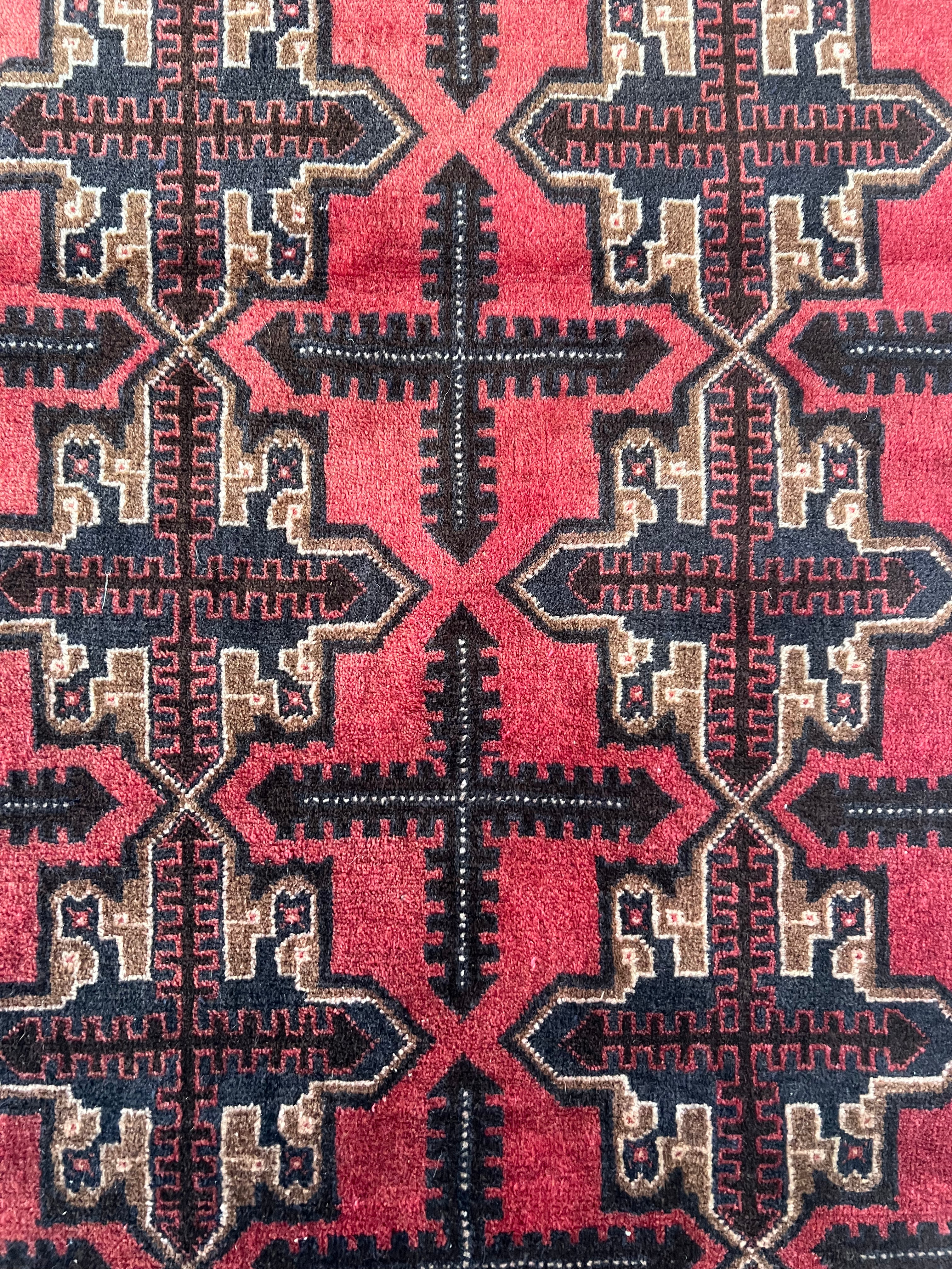 Baluch Crosses Geometric Rug 3x6 | Red, Black, Burgundy & Beige | Hand-Knotted Wool