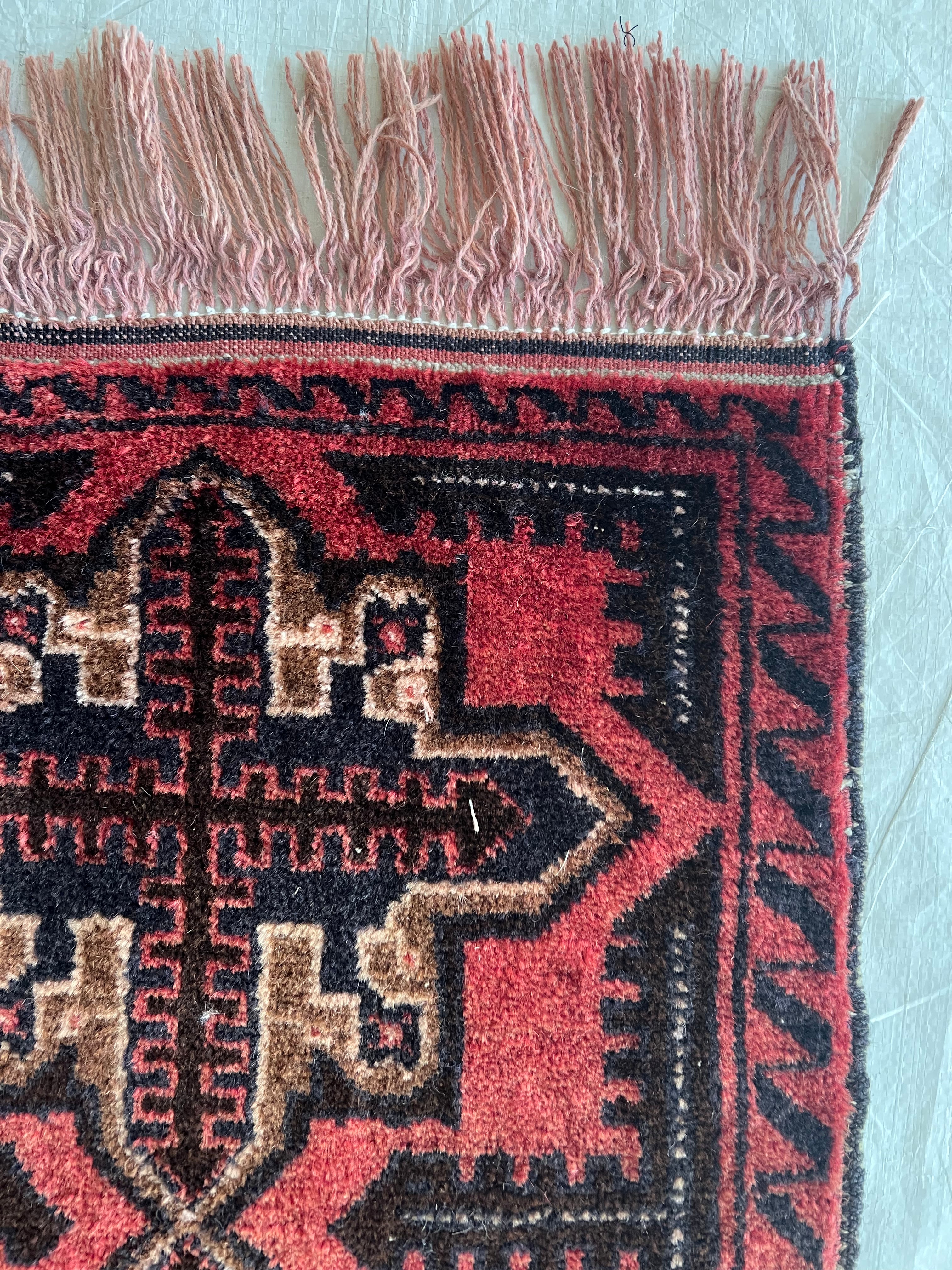 Baluch Crosses Geometric Rug 3x6 | Red, Black, Burgundy & Beige | Hand-Knotted Wool