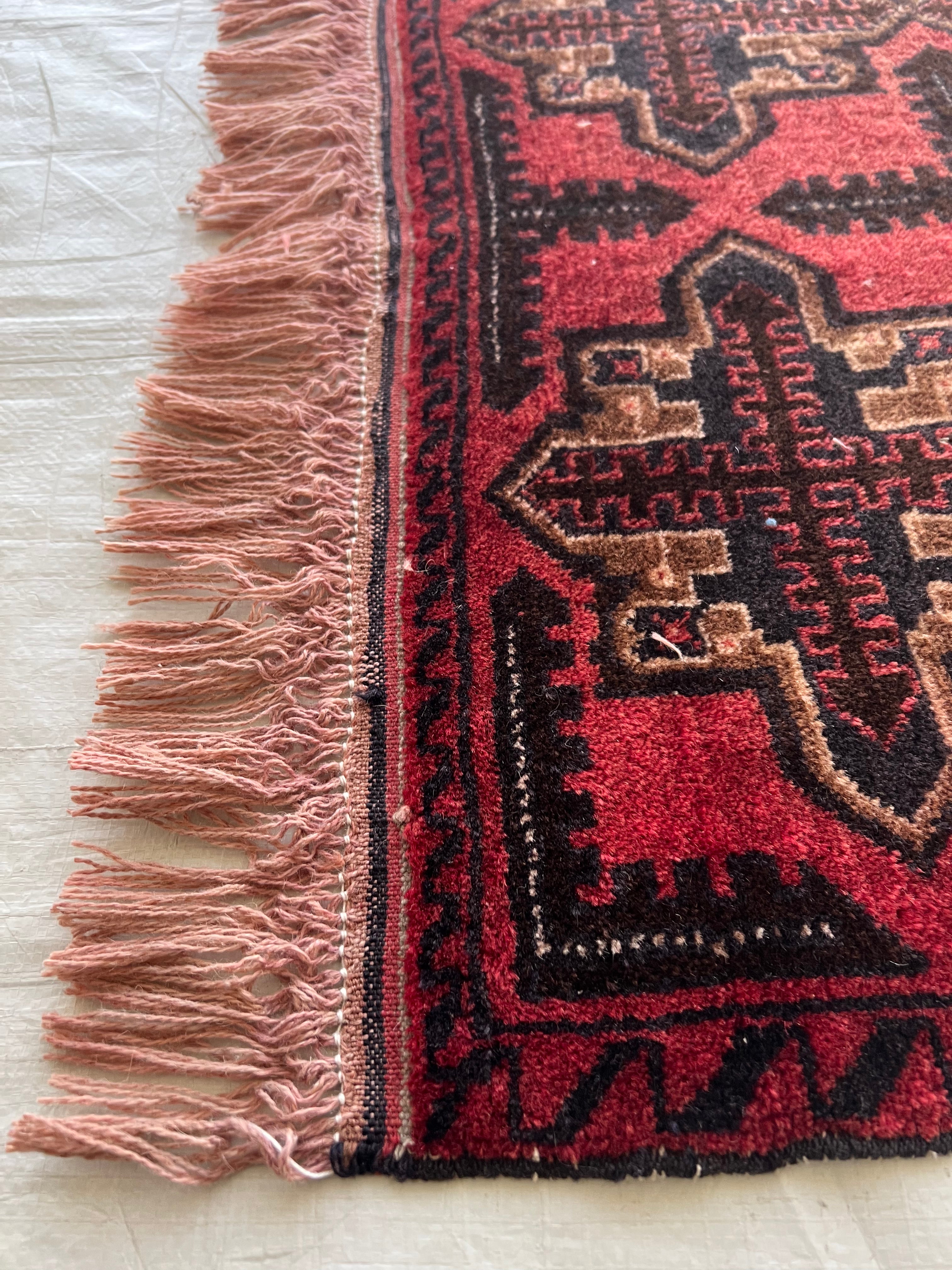 Baluch Crosses Geometric Rug 3x6 | Red, Black, Burgundy & Beige | Hand-Knotted Wool