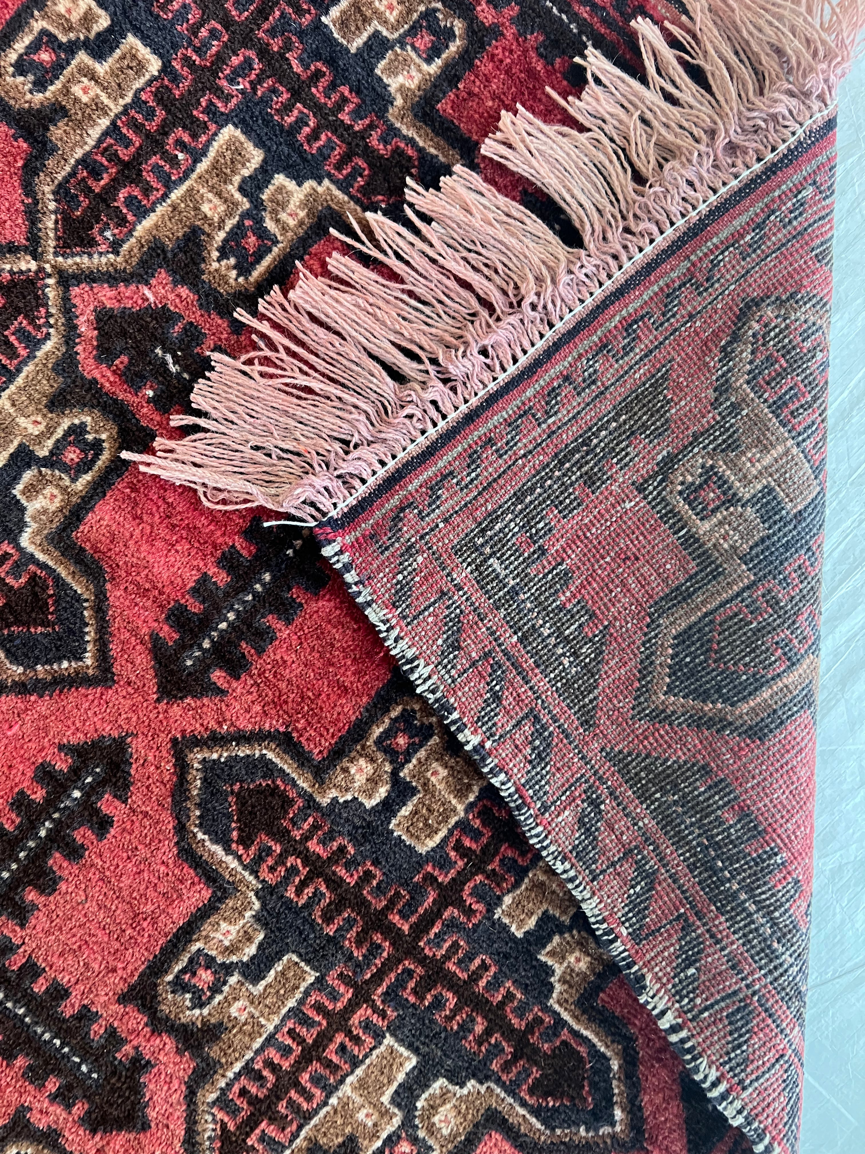 Baluch Crosses Geometric Rug 3x6 | Red, Black, Burgundy & Beige | Hand-Knotted Wool