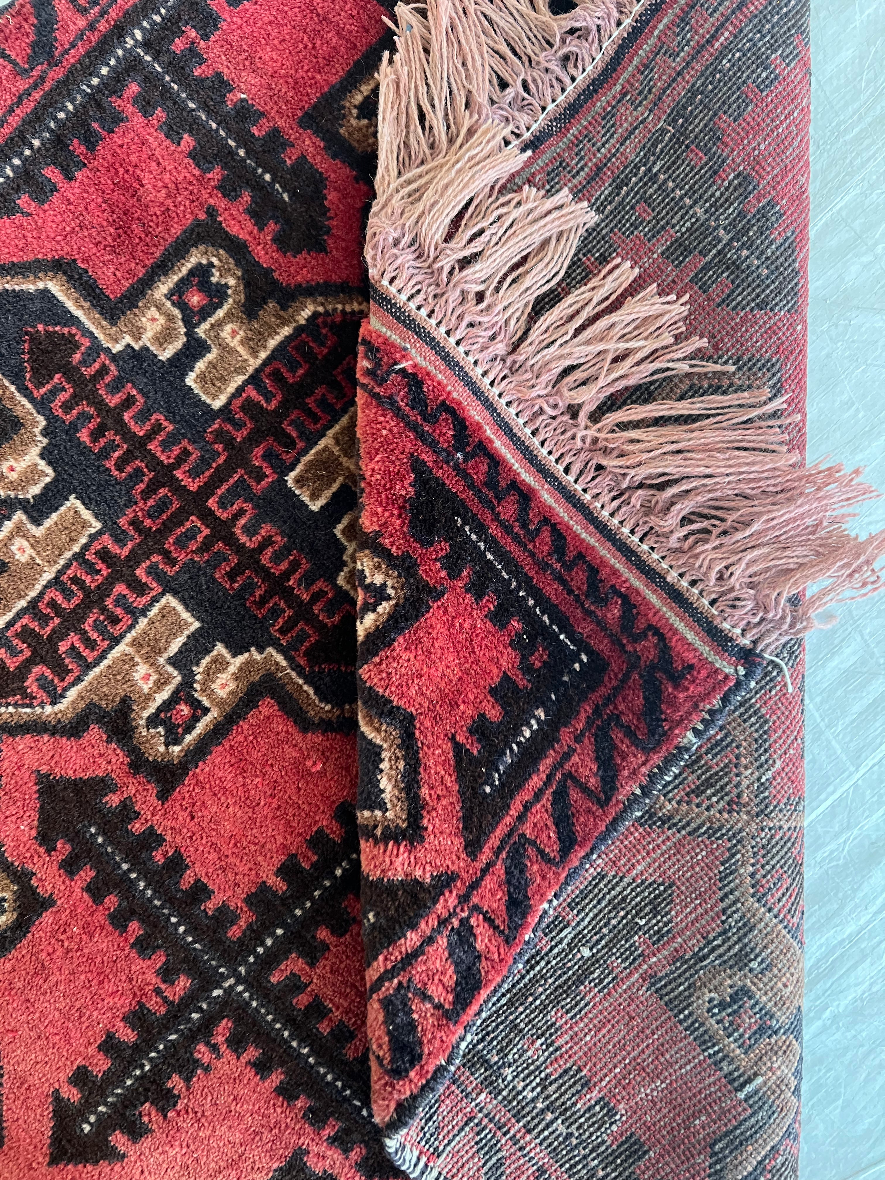 Baluch Crosses Geometric Rug 3x6 | Red, Black, Burgundy & Beige | Hand-Knotted Wool
