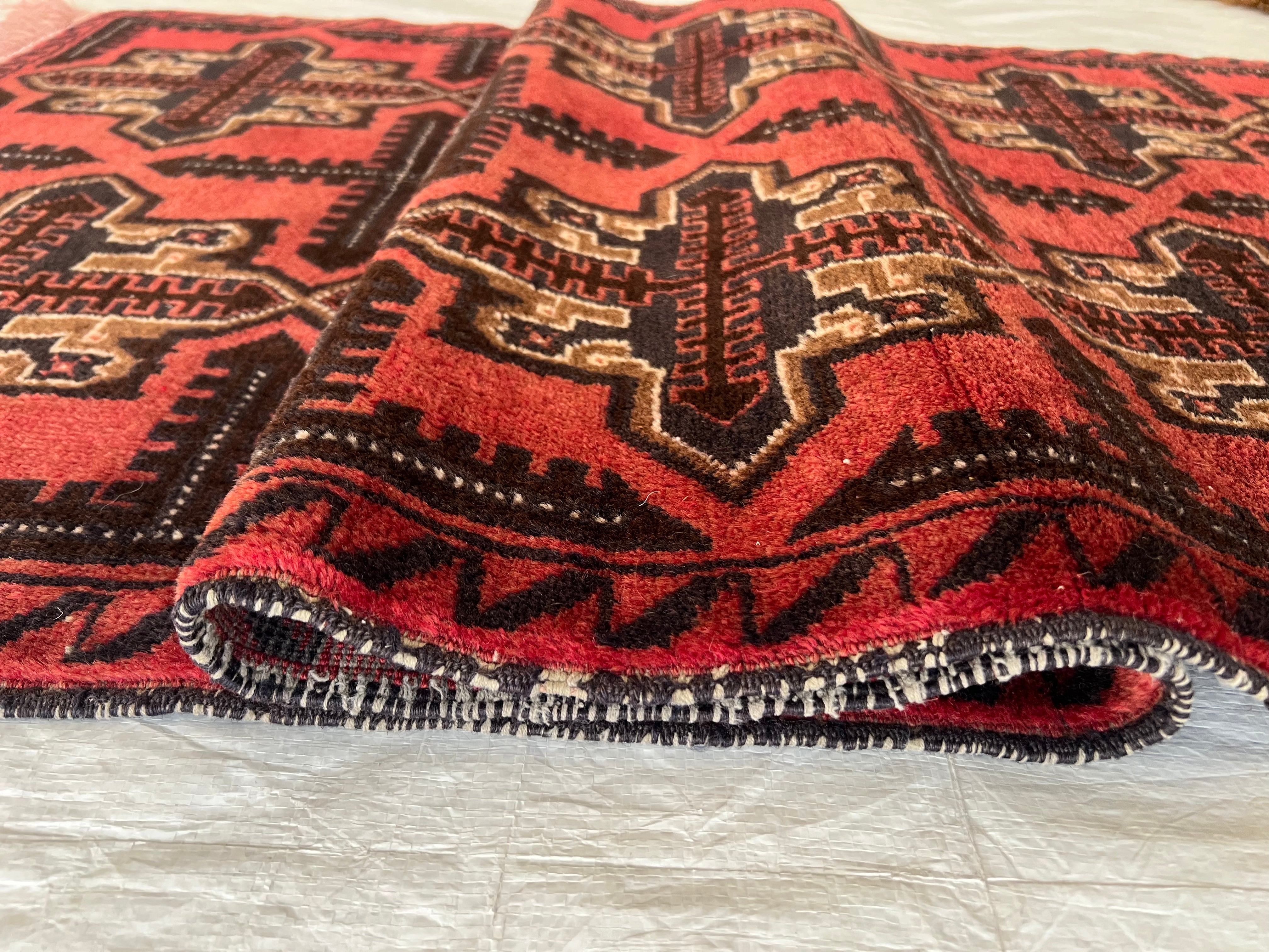 Baluch Crosses Geometric Rug 3x6 | Red, Black, Burgundy & Beige | Hand-Knotted Wool