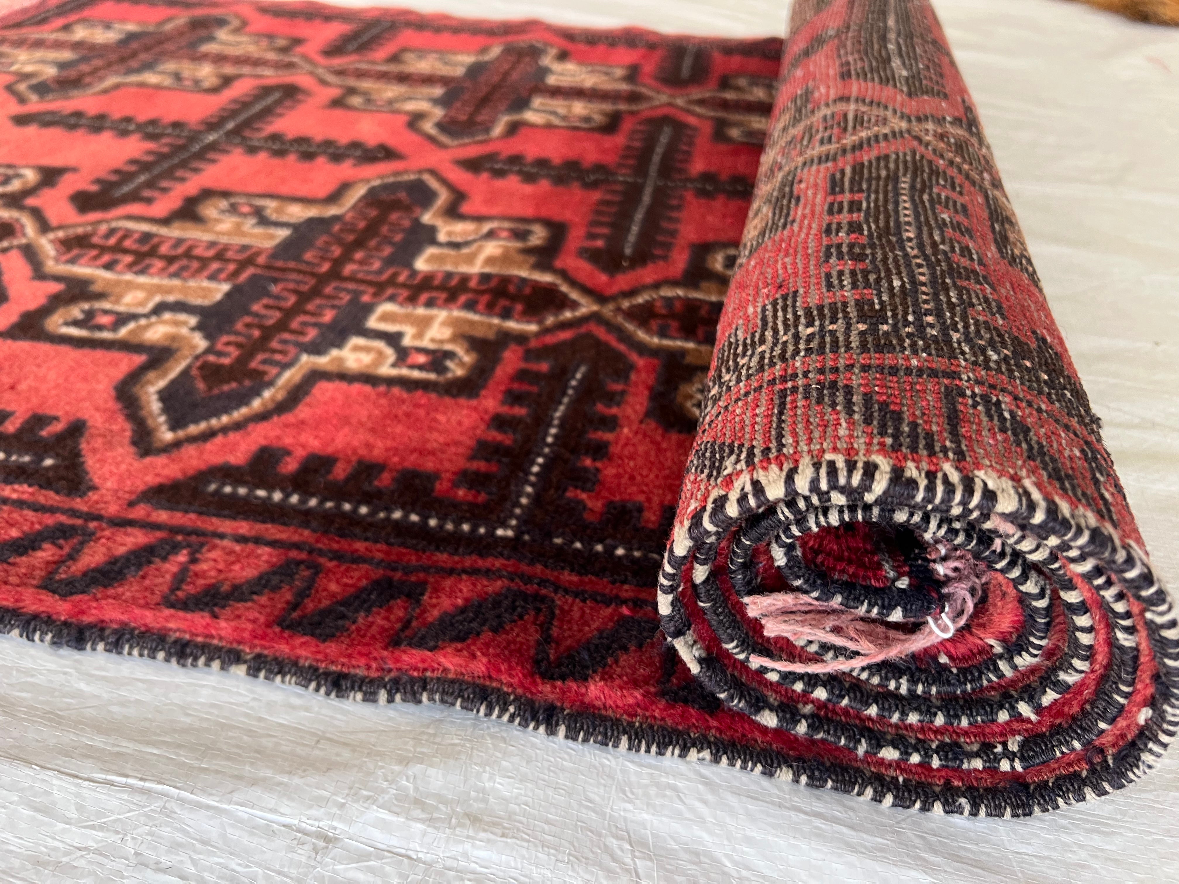 Baluch Crosses Geometric Rug 3x6 | Red, Black, Burgundy & Beige | Hand-Knotted Wool