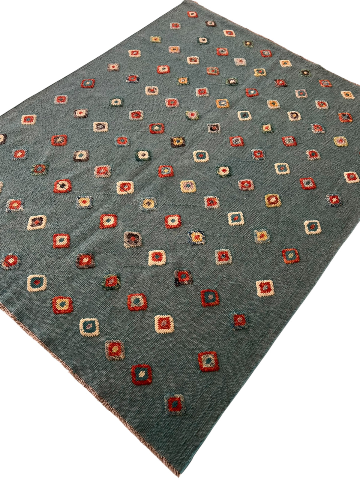 Gabbeh Kilim Rug 5x7 | Teal, Red & Orange | Hand-Woven Wool Flatweave