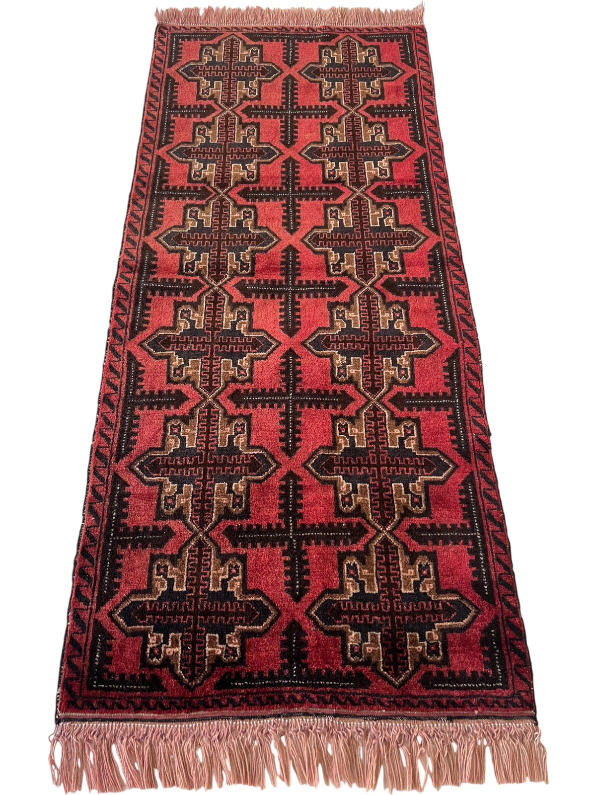 Baluch Crosses Geometric Rug 3x6 | Red, Black, Burgundy & Beige | Hand-Knotted Wool