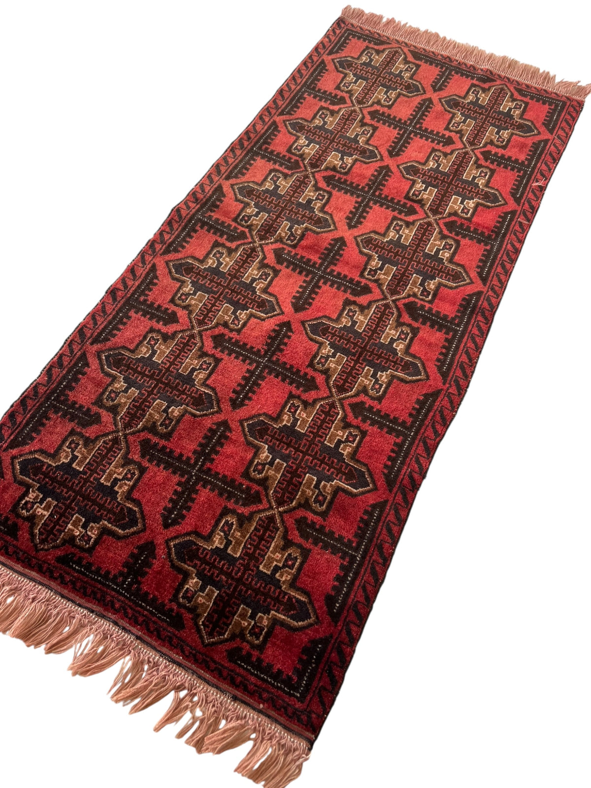 Baluch Crosses Geometric Rug 3x6 | Red, Black, Burgundy & Beige | Hand-Knotted Wool