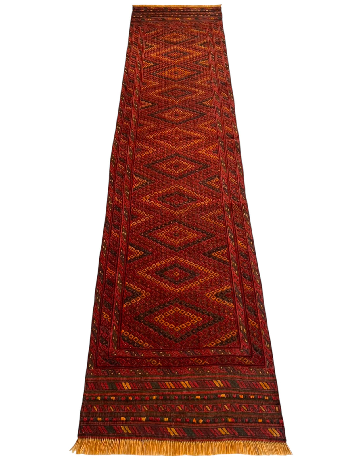 Afghan Mushwani Runner 2'4" x 9'1", Hand-Knotted Wool, Red & Burgundy