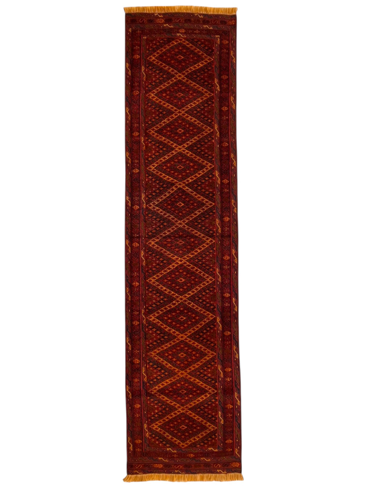 Afghan Tribal Runner 2x9 | Red, Rust & Orange | Hand-Knotted Wool