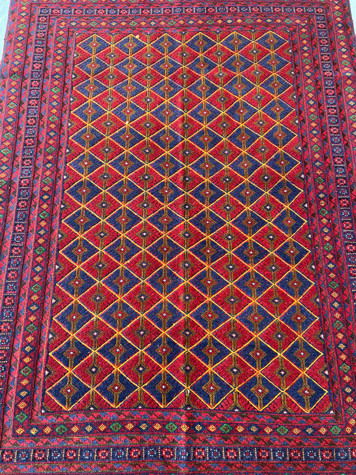 Oriental Rug 5x6 | Red, Gold & Navy | Hand-Knotted Wool