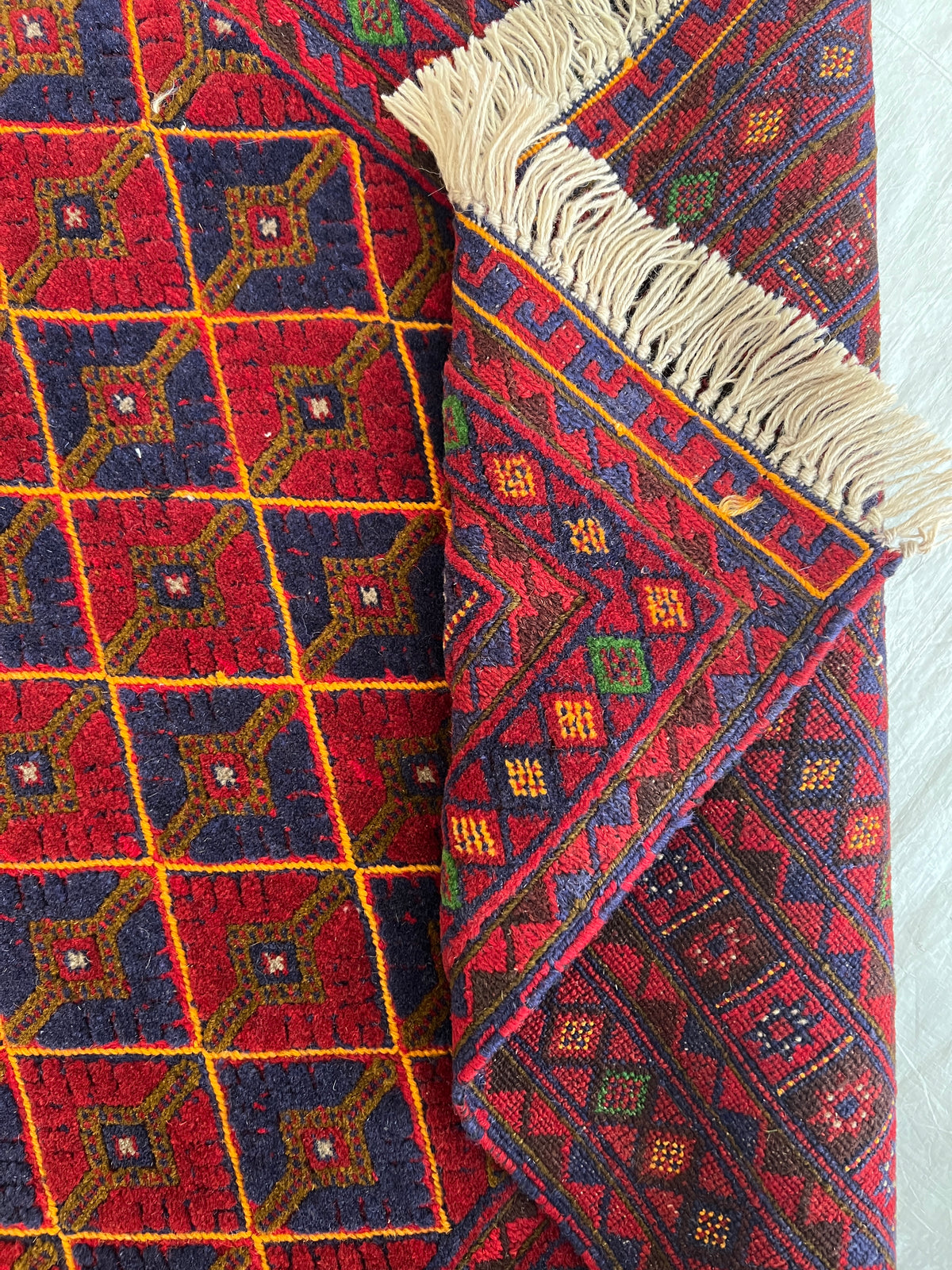 Oriental Rug 5x6 | Red, Gold & Navy | Hand-Knotted Wool
