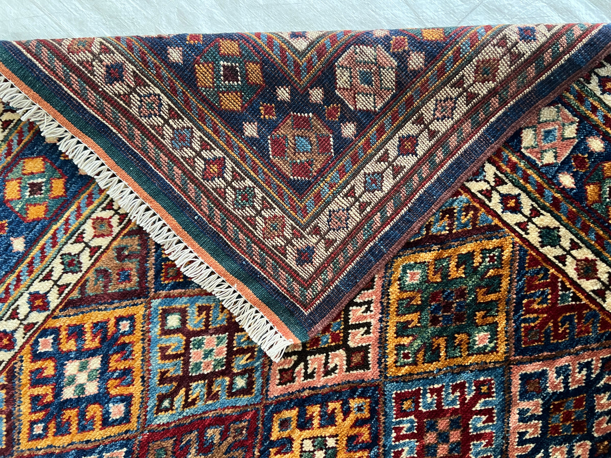 Afghan Kazak Rug 4' x 6', Hand-Knotted Wool, Navy, Red & Ivory, view 6