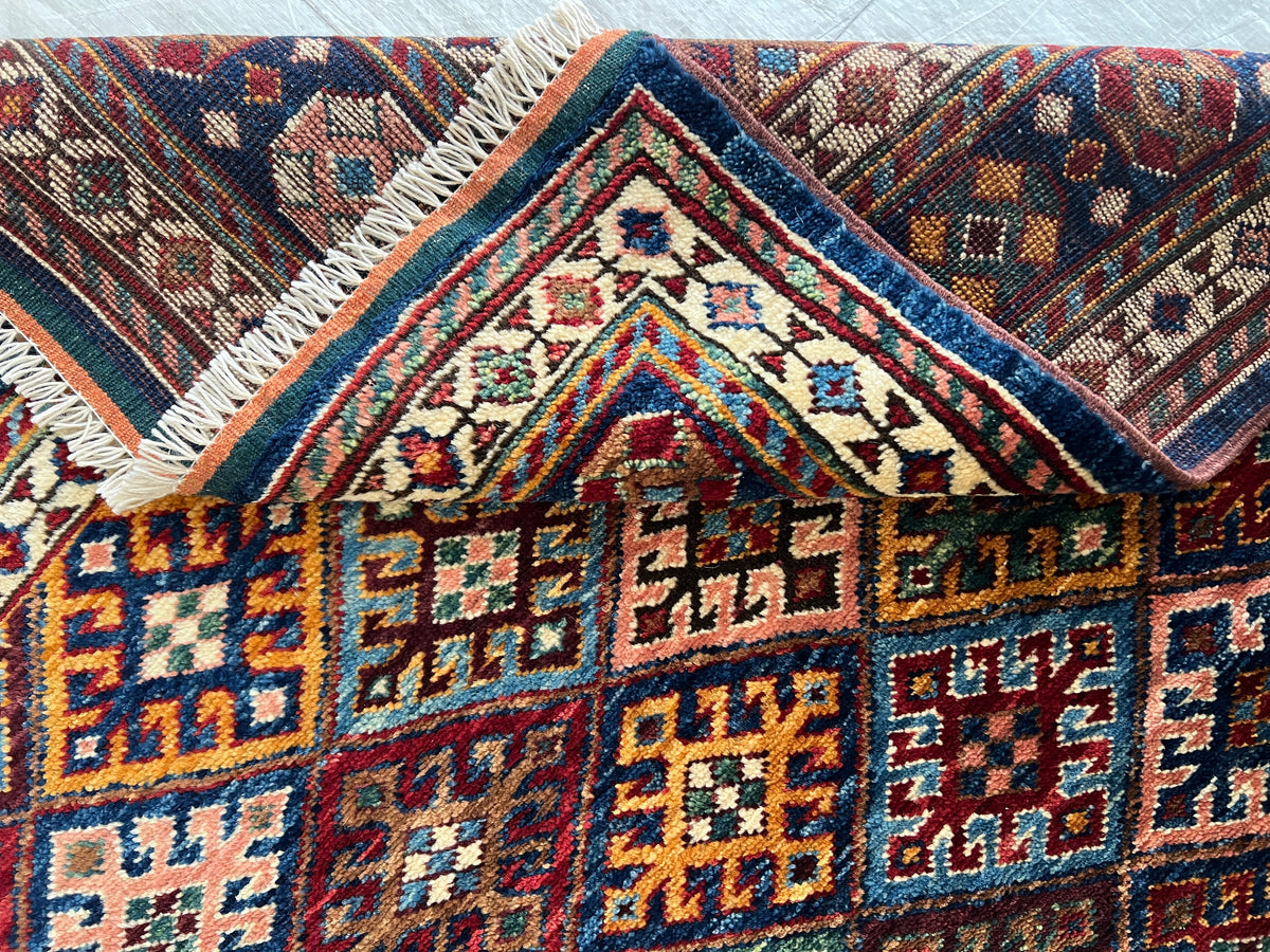 Afghan Kazak Rug 4' x 6', Hand-Knotted Wool, Navy, Red & Ivory, view 7
