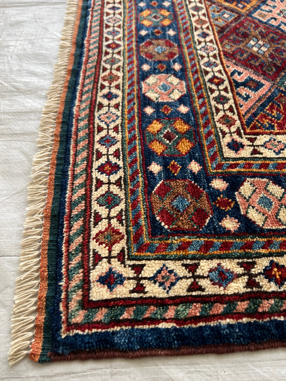 Afghan Kazak Rug 4' x 6', Hand-Knotted Wool, Navy, Red & Ivory, view 8