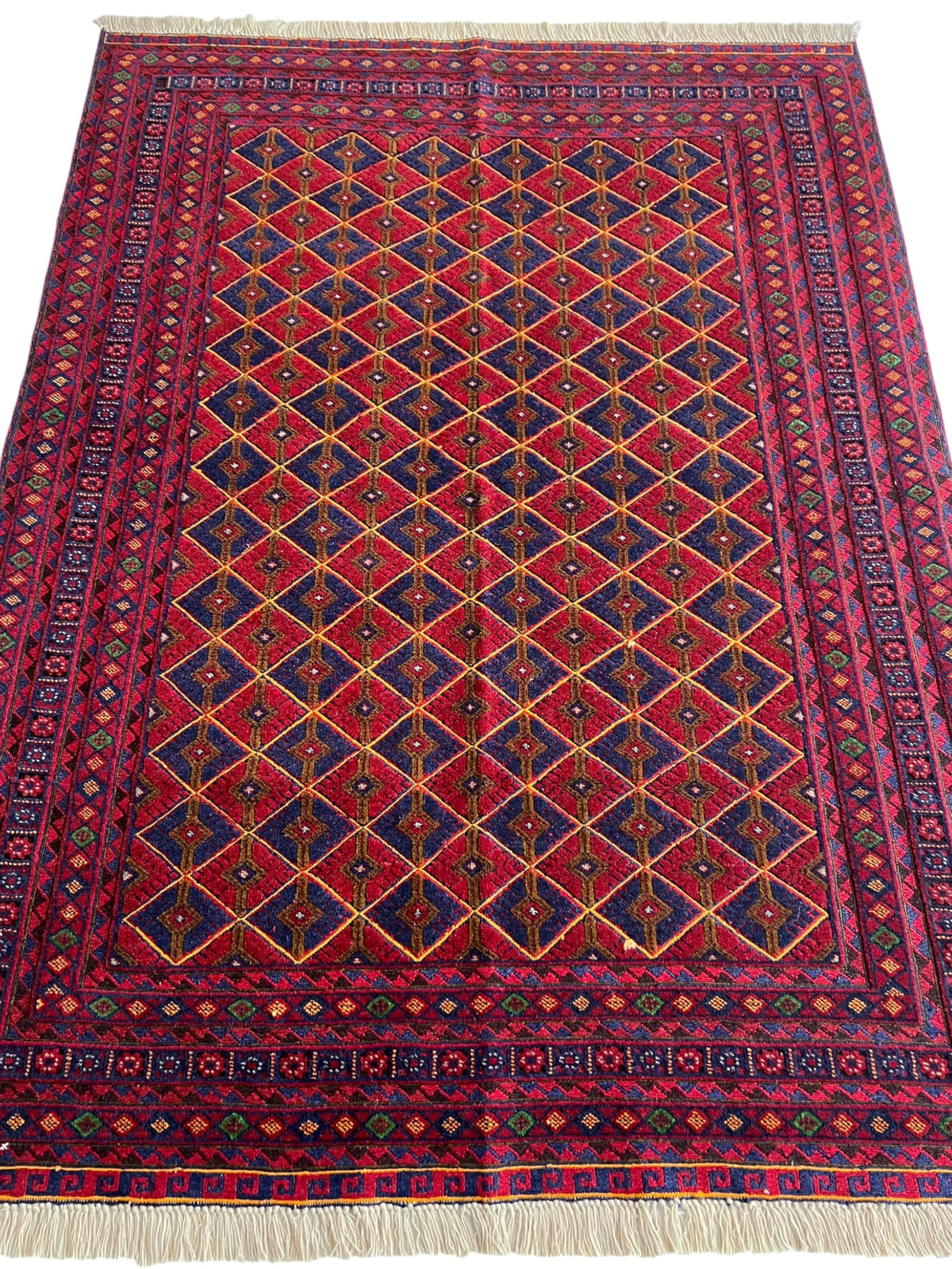 Oriental Rug 5x6 | Red, Gold & Navy | Hand-Knotted Wool