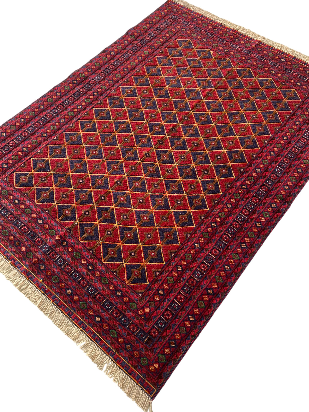 Oriental Rug 5x6 | Red, Gold & Navy | Hand-Knotted Wool