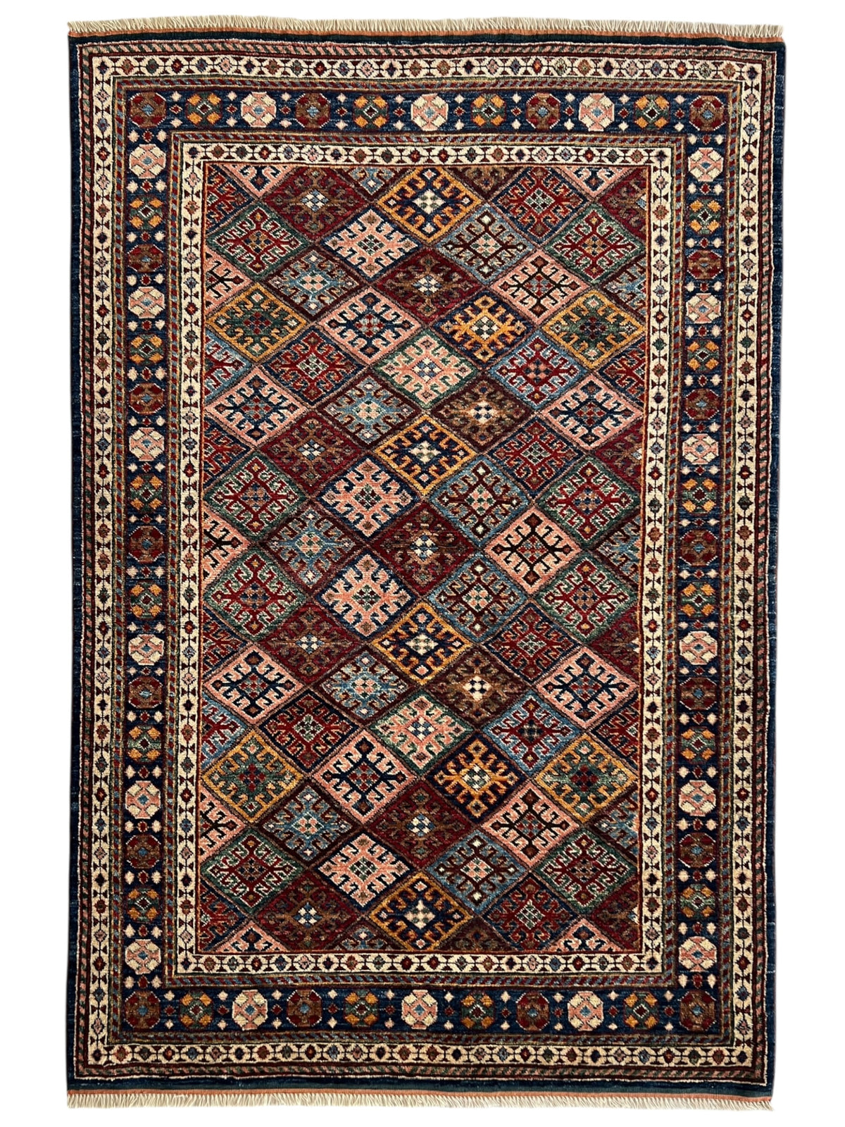 Afghan Kazak Rug 4' x 6', Hand-Knotted Wool, Navy, Red & Ivory