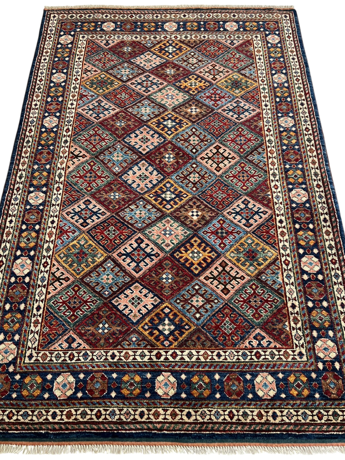 Afghan Kazak Rug 4' x 6', Hand-Knotted Wool, Navy, Red & Ivory, view 2