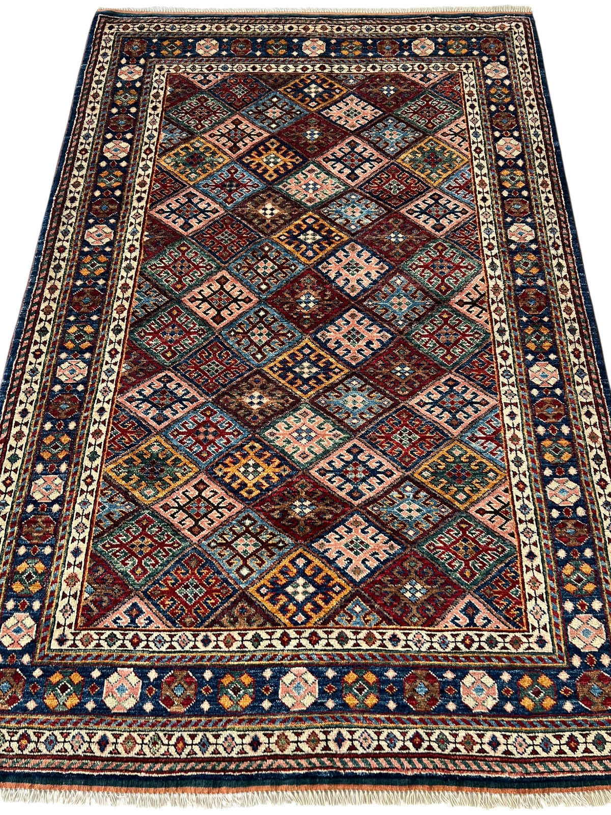 Afghan Kazak Rug 4' x 6', Hand-Knotted Wool, Navy, Red & Ivory, view 3