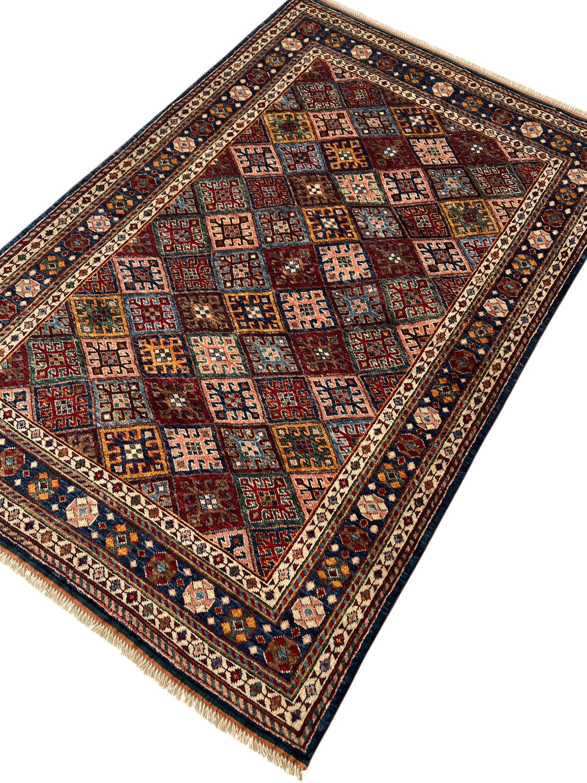 Afghan Kazak Rug 4' x 6', Hand-Knotted Wool, Navy, Red & Ivory, view 4