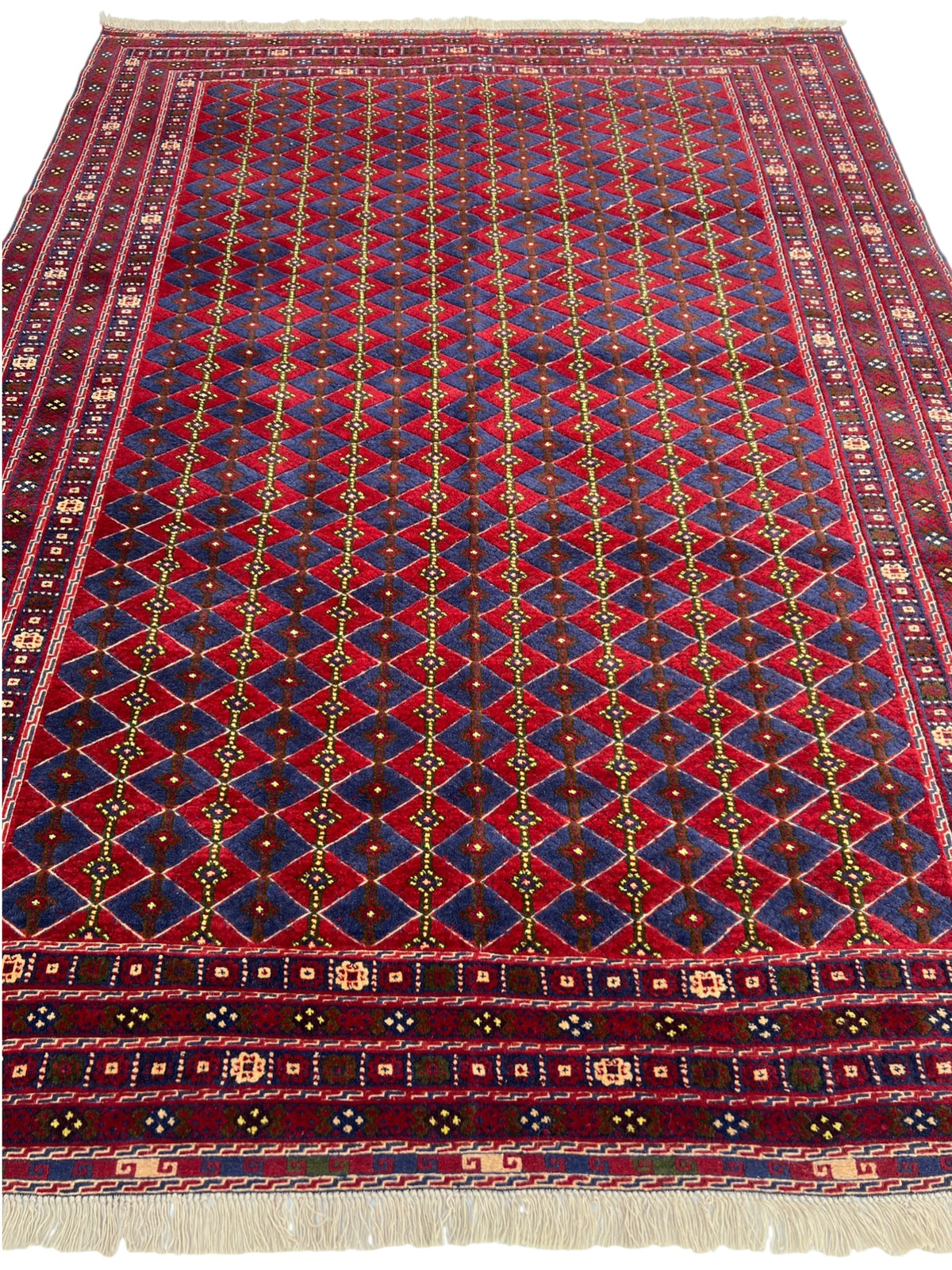 Afghan Tribal Rug 7x10, Red, Navy, Burgundy & Gold, Hand-Knotted Wool