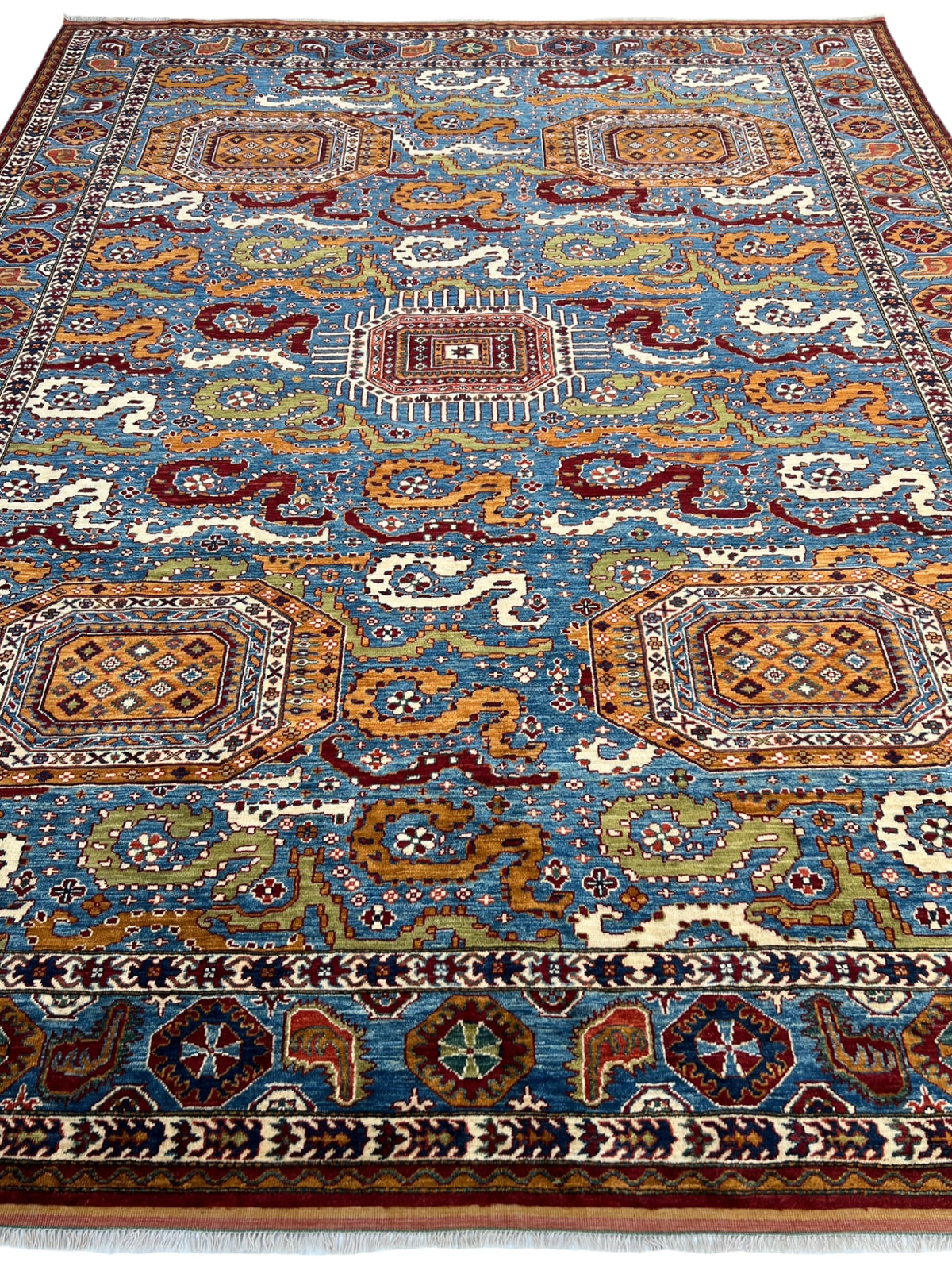 Afghan Herati Rug 9x12 | Light Blue, Red & Orange | Hand-Knotted Wool